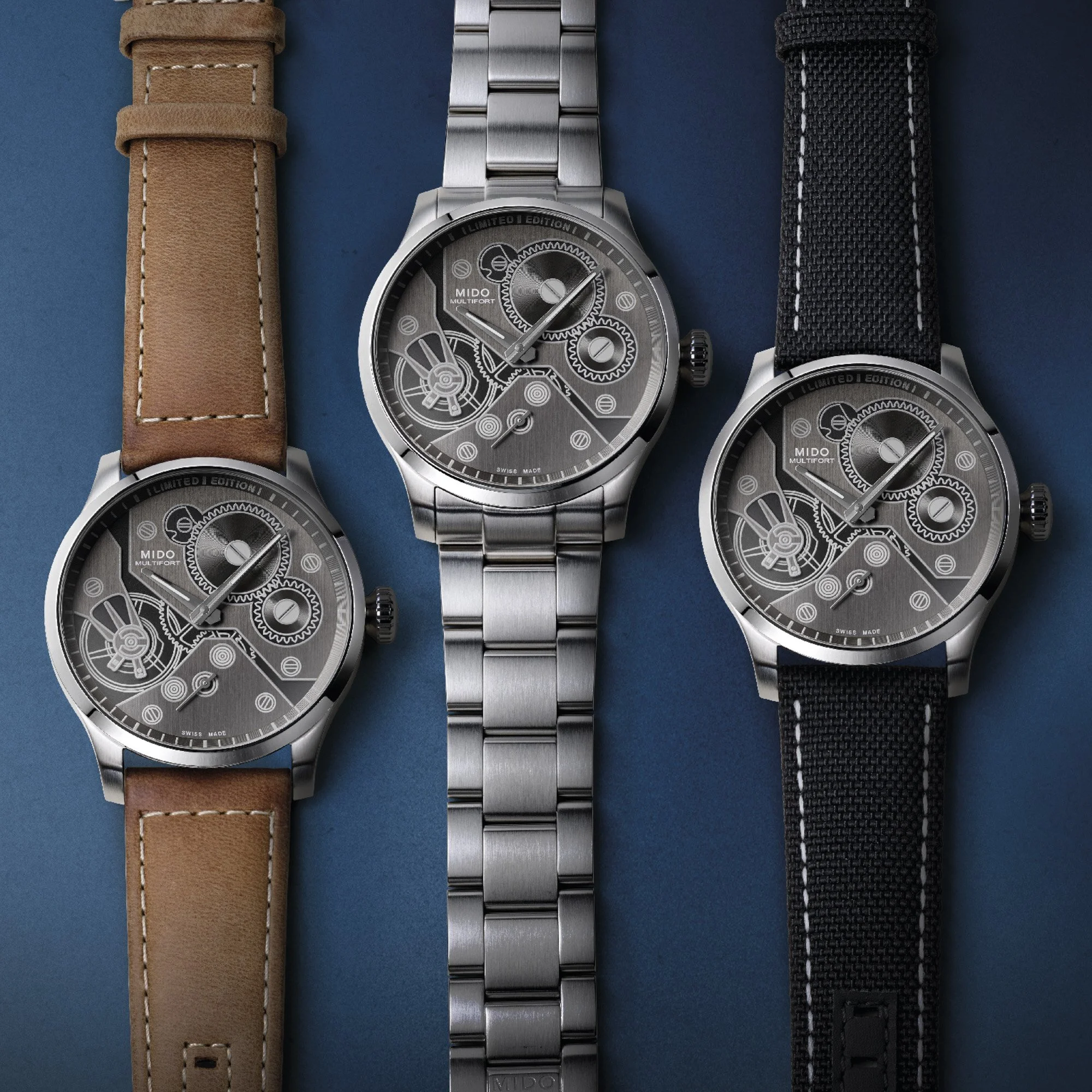 Trois montres Mido Multifort sur différents bracelets, packshot horloger, watch photographer Switzerland