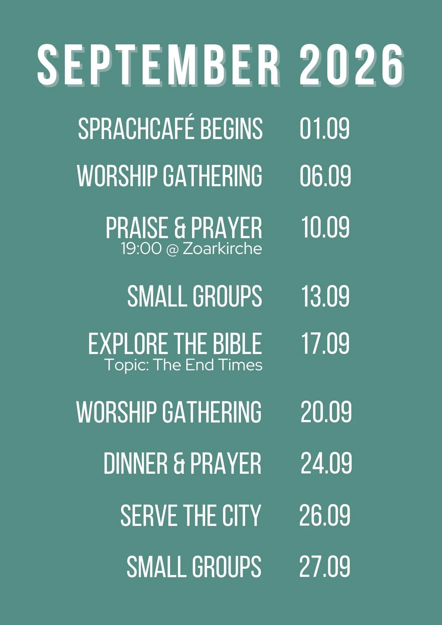 Community Church Berlin September 2026: Worship Gatherings, Small Groups, Sprachcafé, Praise and Prayer, Explore the Bible, Dinner and Prayer, and Serve the City.