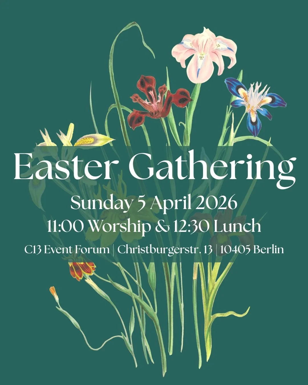 Poster for Easter Gathering at Community Church Berlin including date, time and address.