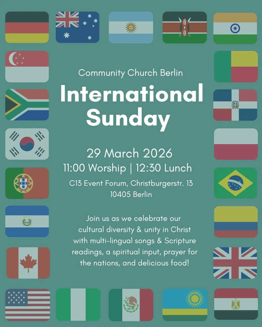 Colorful poster for International Sunday at Community Church Berlin featuring a multicultural theme and event details including date, time, and address