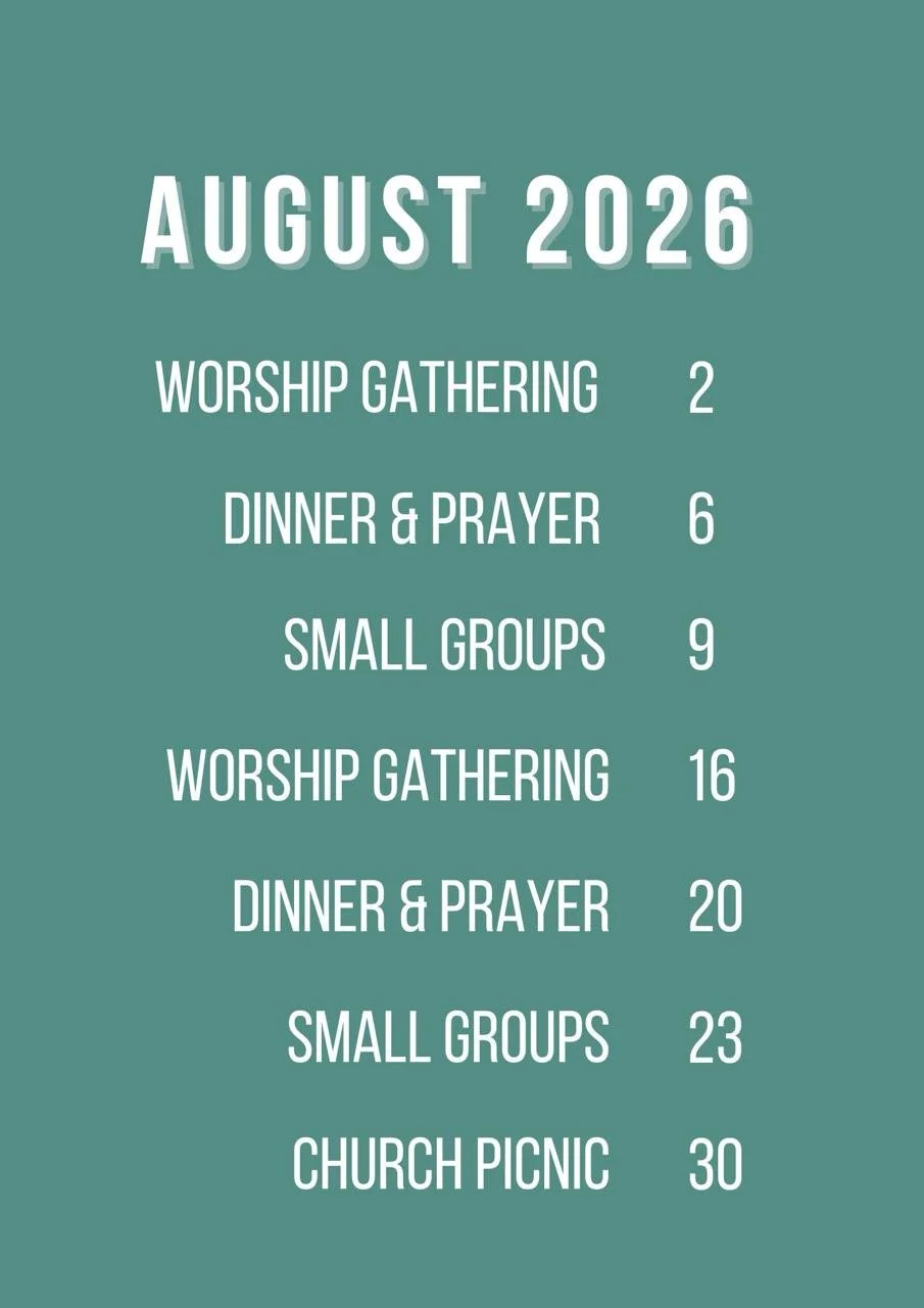 Community Church Berlin August 2026 events: Worship Gatherings on 2 and 16 August, Dinner and Prayer on 6 and 20 August, Small Groups on 9 and 23 August, and Church Picnic on 30 August.