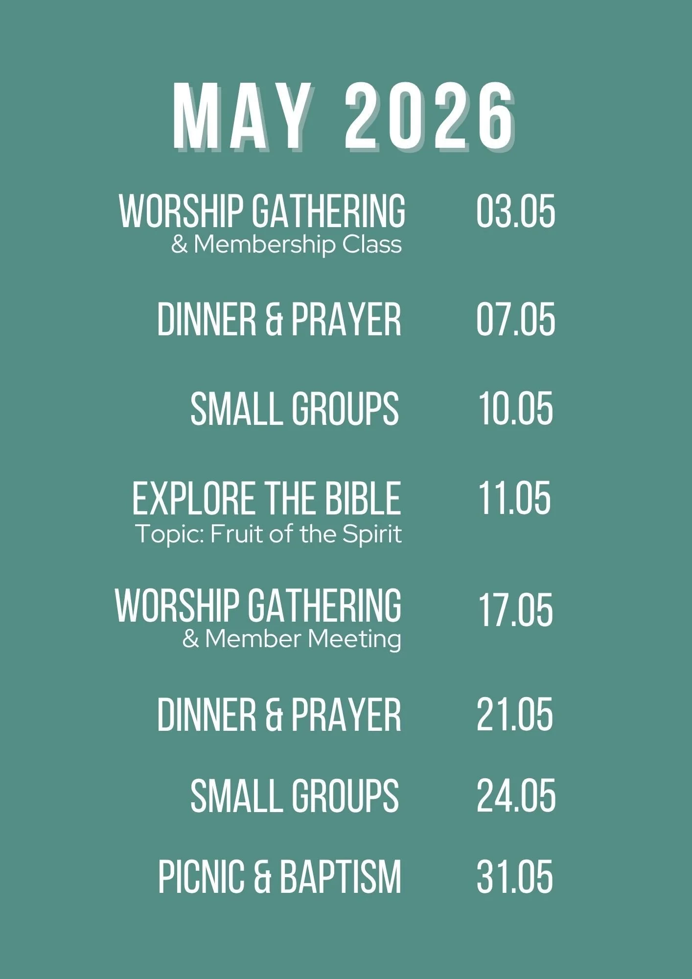 Community Church Berlin events in May 2026: Worship Gatherings on 3 and 17 May, Dinner and Prayer on 7 and 21 May, Small Groups on 10 and 24 May, Explore the Bible on 11 May, and Picnic and Baptism on 31 May.