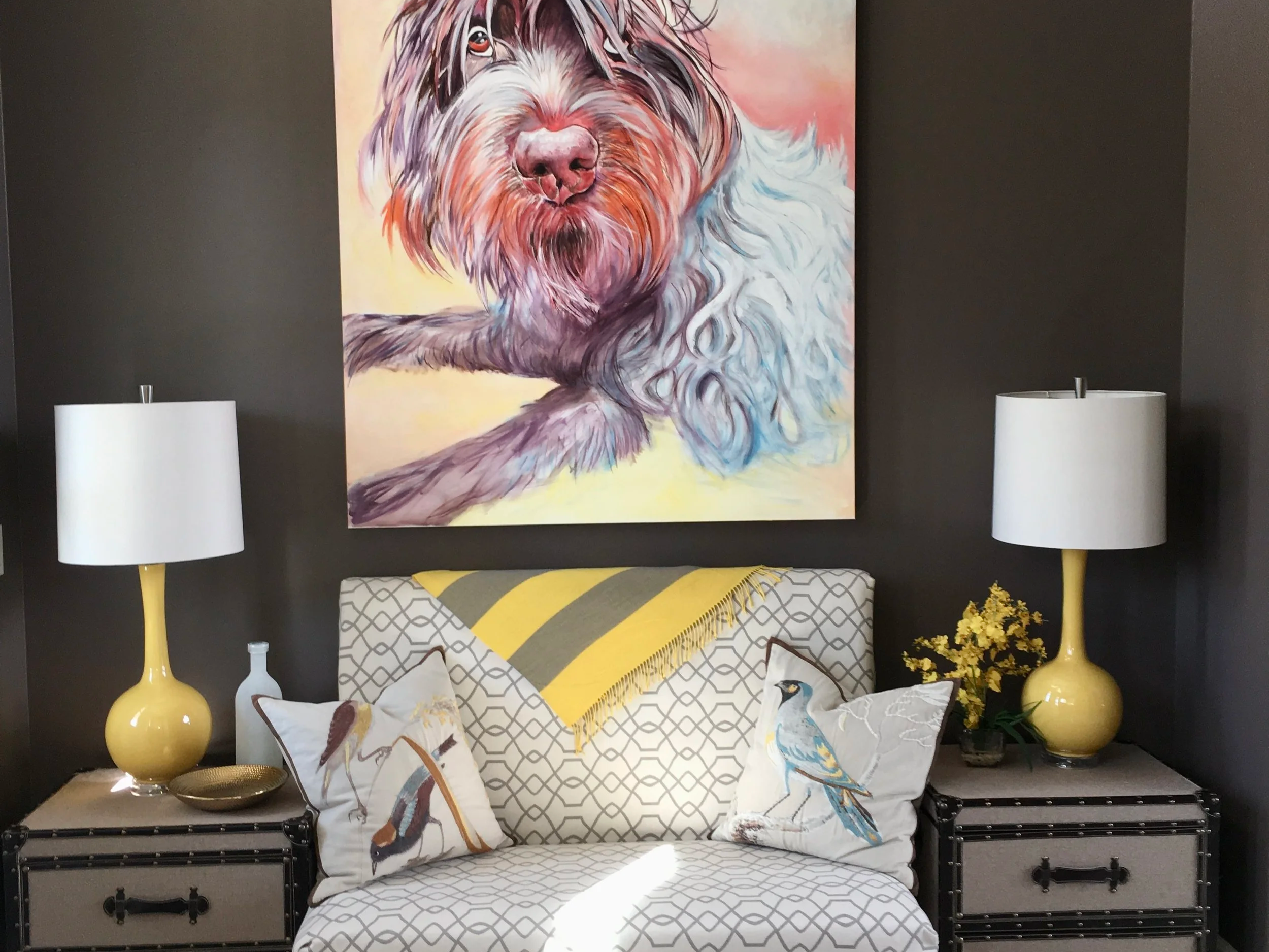 Open concept great room interior refresh with colorful accents