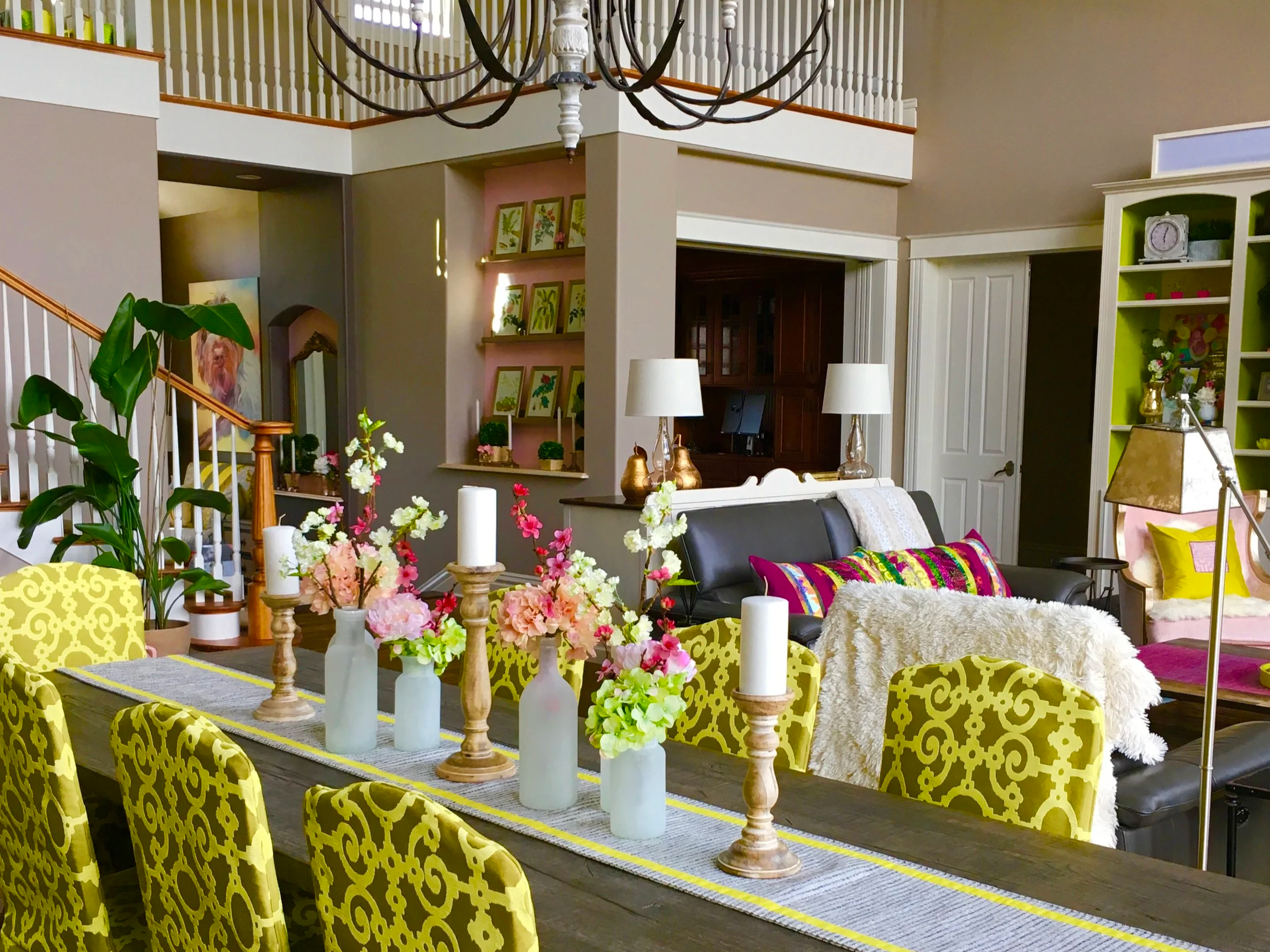 Open concept great room interior refresh with colorful accents