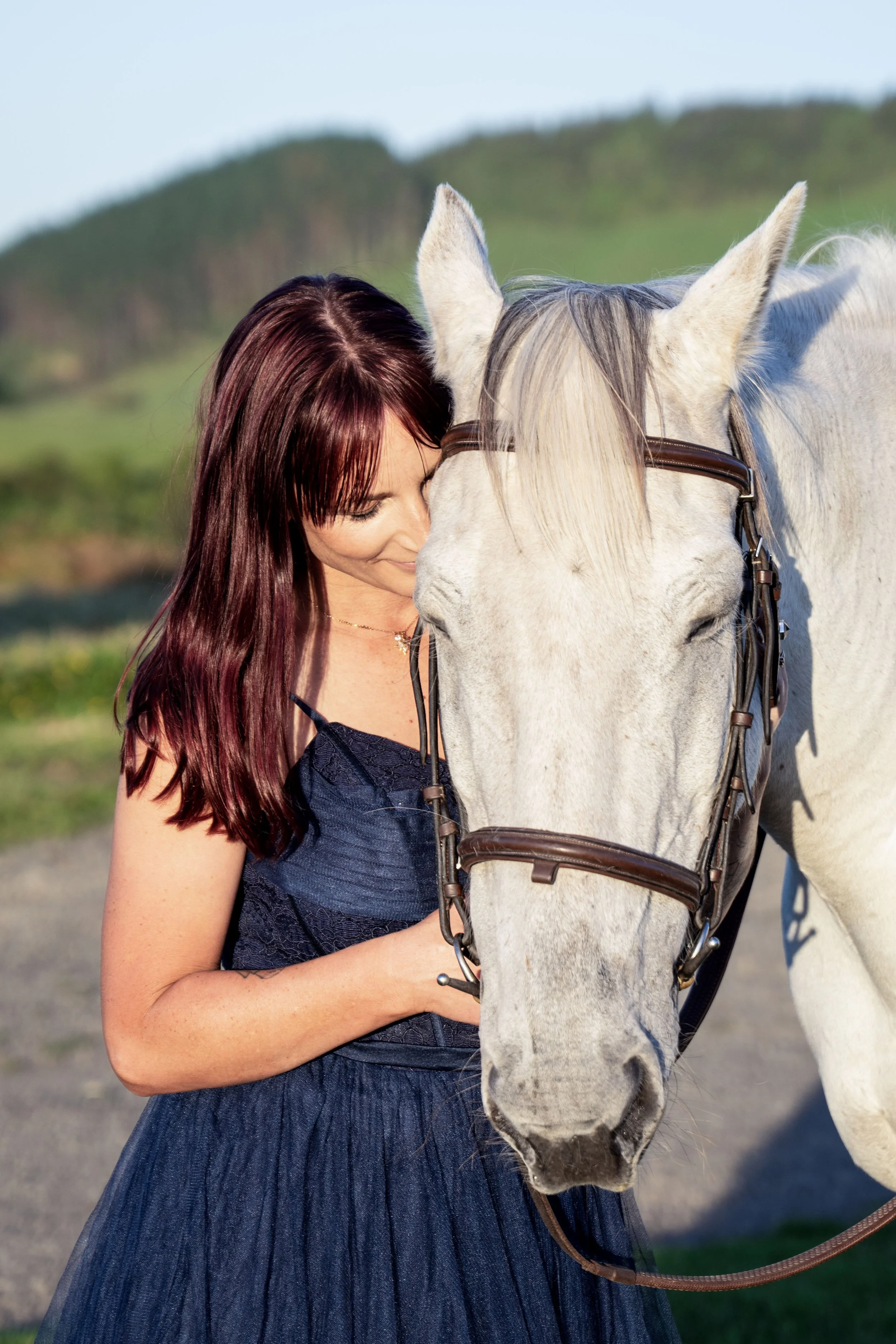 Lorijane connecting with a horse, reflecting her love of animals and intuitive animal healing work