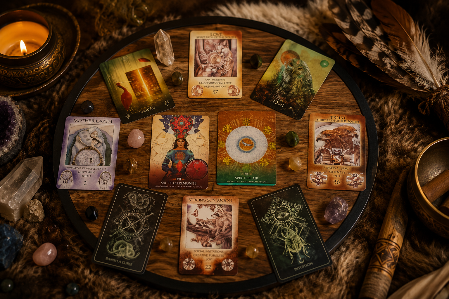 A spiritual or divination setup with tarot and oracle cards arranged on a wooden round board surrounded by crystals, stones, a lit candle, a feather, and a wooden scrying tool.