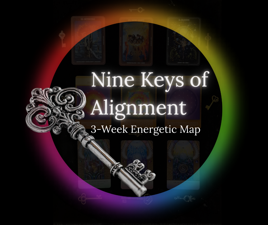 Nine Keys of Alignment energy map with colorful chakra spectrum and silver key, representing a 3-week spiritual alignment and energy healing journey