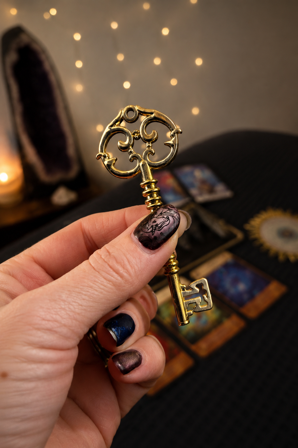 Close-up of a hand holding a decorative gold key with an ornate top. The hand has multicolored, patterned nails. In the background, tarot cards are spread out on a dark surface, and there are soft, blurred lights and crystals.