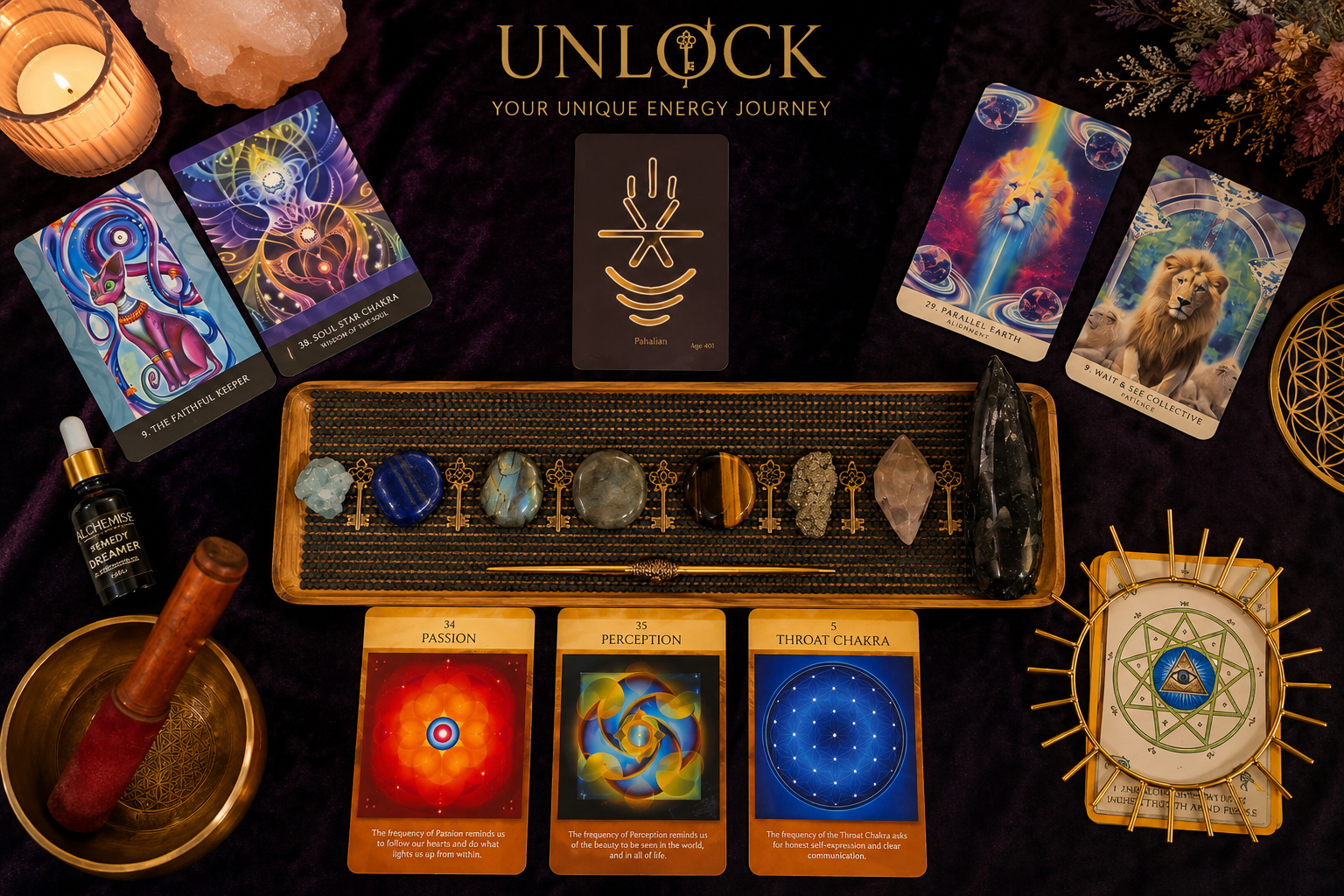 A spiritual or energy healing setup with tarot cards, crystals, and ritual tools. The central part features a wooden tray with various polished stones and a wand, surrounded by tarot cards depicting celestial and animal imagery, including a lion and a fox. There is a black card with a symbolic design and text, a small bottle labeled 'Chemise Seemdy Dreamer,' a brass singing bowl with a wooden mallet, and an intricate golden symbol on the lower right. The background is a dark fabric with candles, flowers, and crystals nearby, and several informational cards about energy centers like passion, perception, and throat chakra.