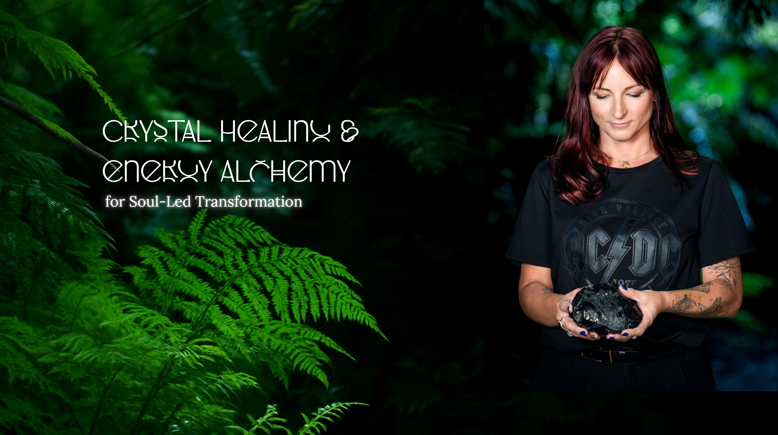 Crystal healer holding a grounding black crystal in a lush forest, representing energy healing, spiritual alignment, and soul-led transformation.