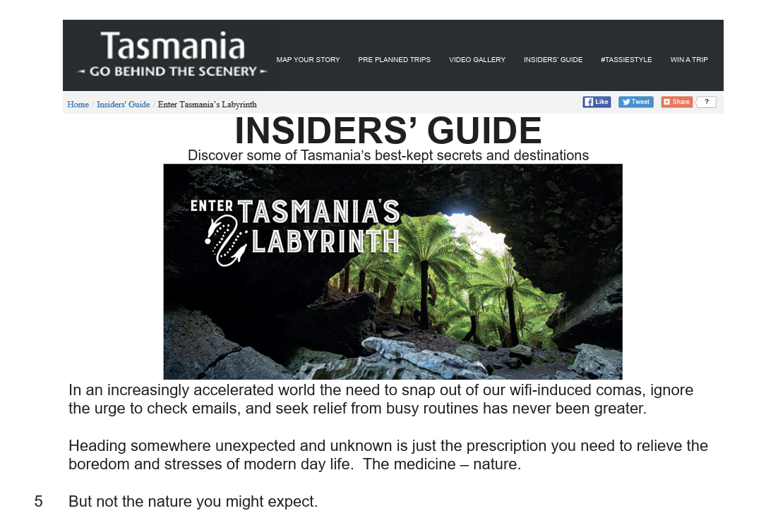 Screenshot of a Tasmania tourism webpage titled “Insiders’ Guide” featuring a large banner image of a cave opening looking out onto lush green ferns and rainforest, with the text “Enter Tasmania’s Labyrinth.” , an IBDP English A past paper from 2018