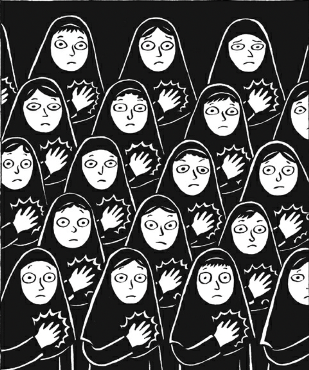 Sign of conformity through chest pounding in Marjane Satrapi's graphic novel Persepolis, taught as an IB English IO or Paper 2 by Robyn Lee Goyette at Lead Academics in Hong Kong, CWB.