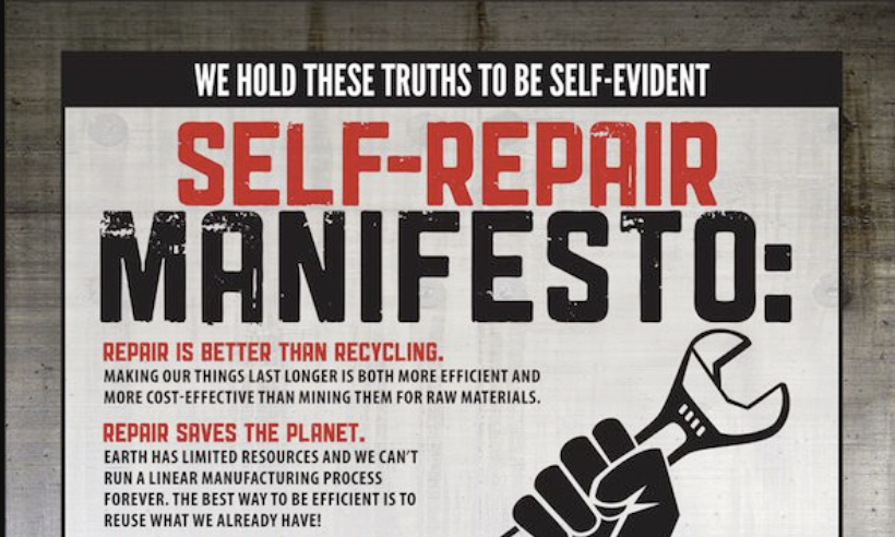 Promotional poster titled “Self‑Repair Manifesto” featuring bold red and black typography, and a large graphic of a raised fist gripping a wrench to symbolise empowerment and resistance, IB English Paper 1 analysis taught at Lead Academics CWB, HK