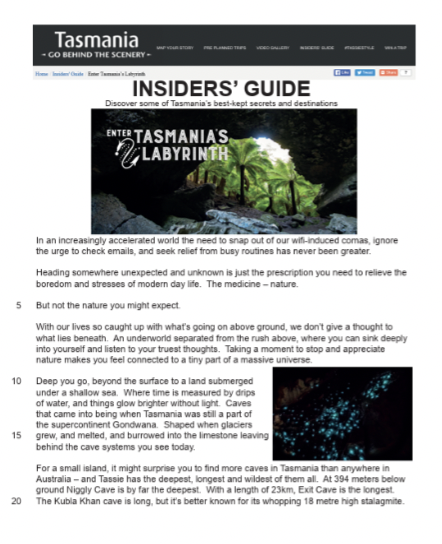 IB Past Paper May 2018 Tasmanian Caves, travel article