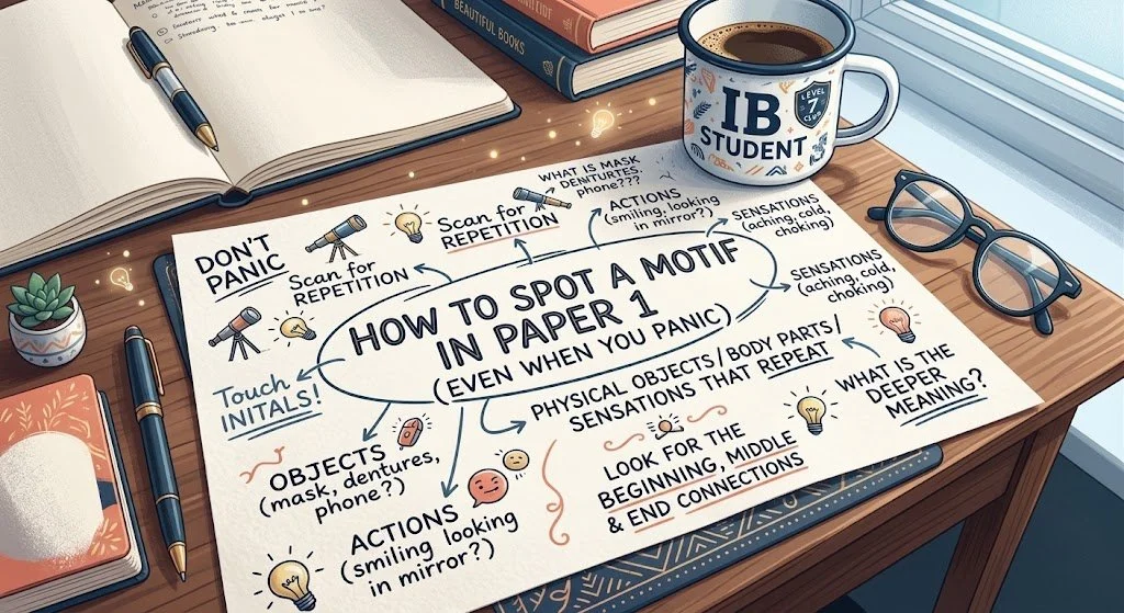 A student desk featuring an IBDP English A handwritten mind map showing how to spot motifs in Paper 1 , unseen analysis, texts, taught at Lead Academics Hong Kong by founder and IB examiner Robyn Lee Goyette