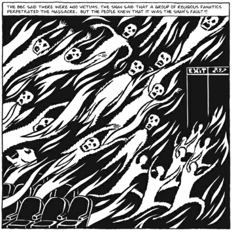 When the theatre or cinema is burned to the ground in the graphic novel Persepolis