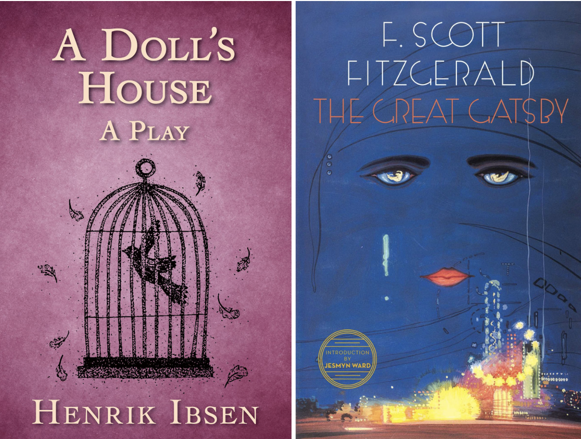 Side-by-side book covers of A Doll’s House by Henrik Ibsen and The Great Gatsby by F. Scott Fitzgerald. Works taught at Lead Academics in Hong Kong, CWB, by Robyn Lee Goyette, IB English tutor and IB examiner.