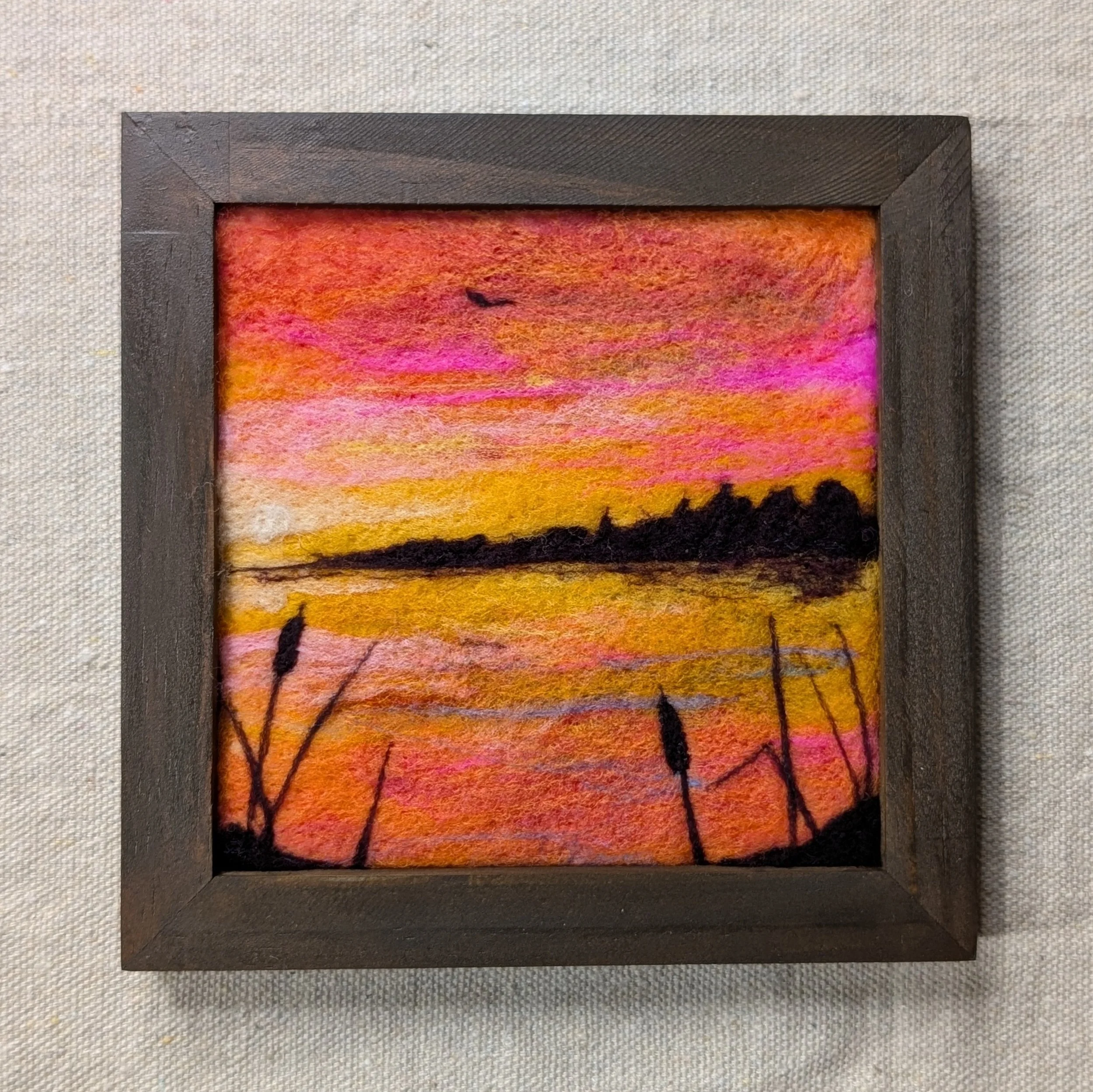 Needle felted sunset scene at Campfire Bay Resort March 1st, 9:00am
