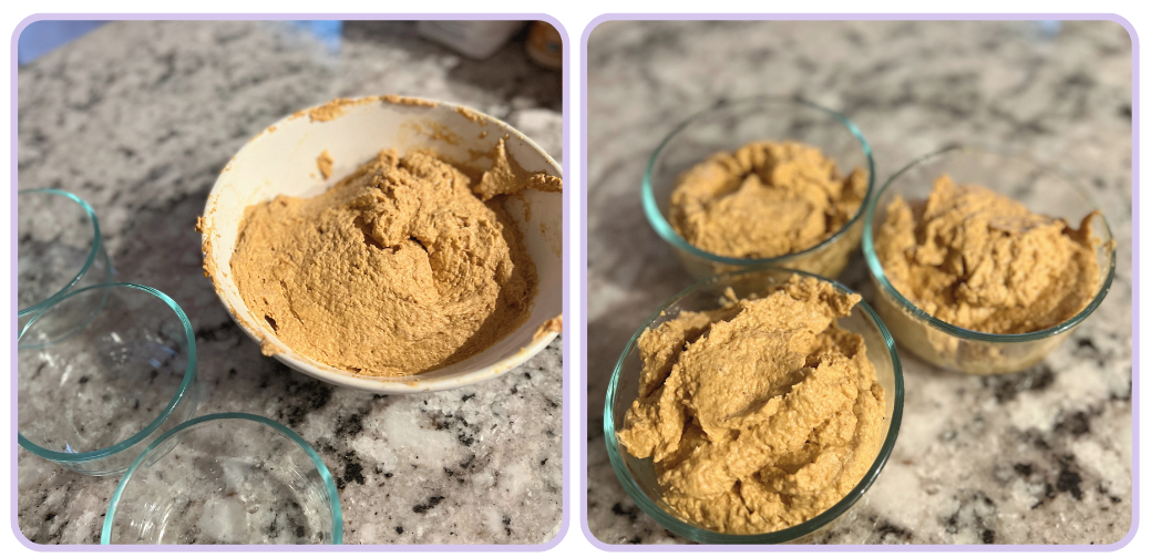 2 grid image showing the large bowl full of the final pill pocket mixture with 3 empty pyrex glass containers and an image of the 3 containers filled with the pill pocket mixture