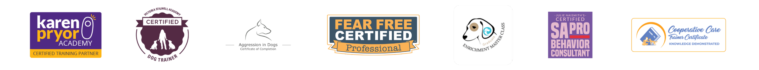 Seven logo images for dog training certs and course completion