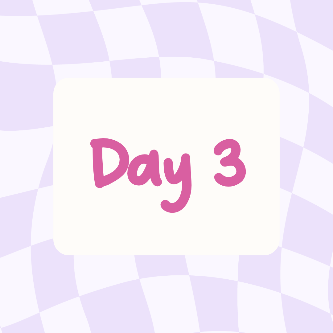 purple wavy checkered background with white rectangle and pink text says Day 3