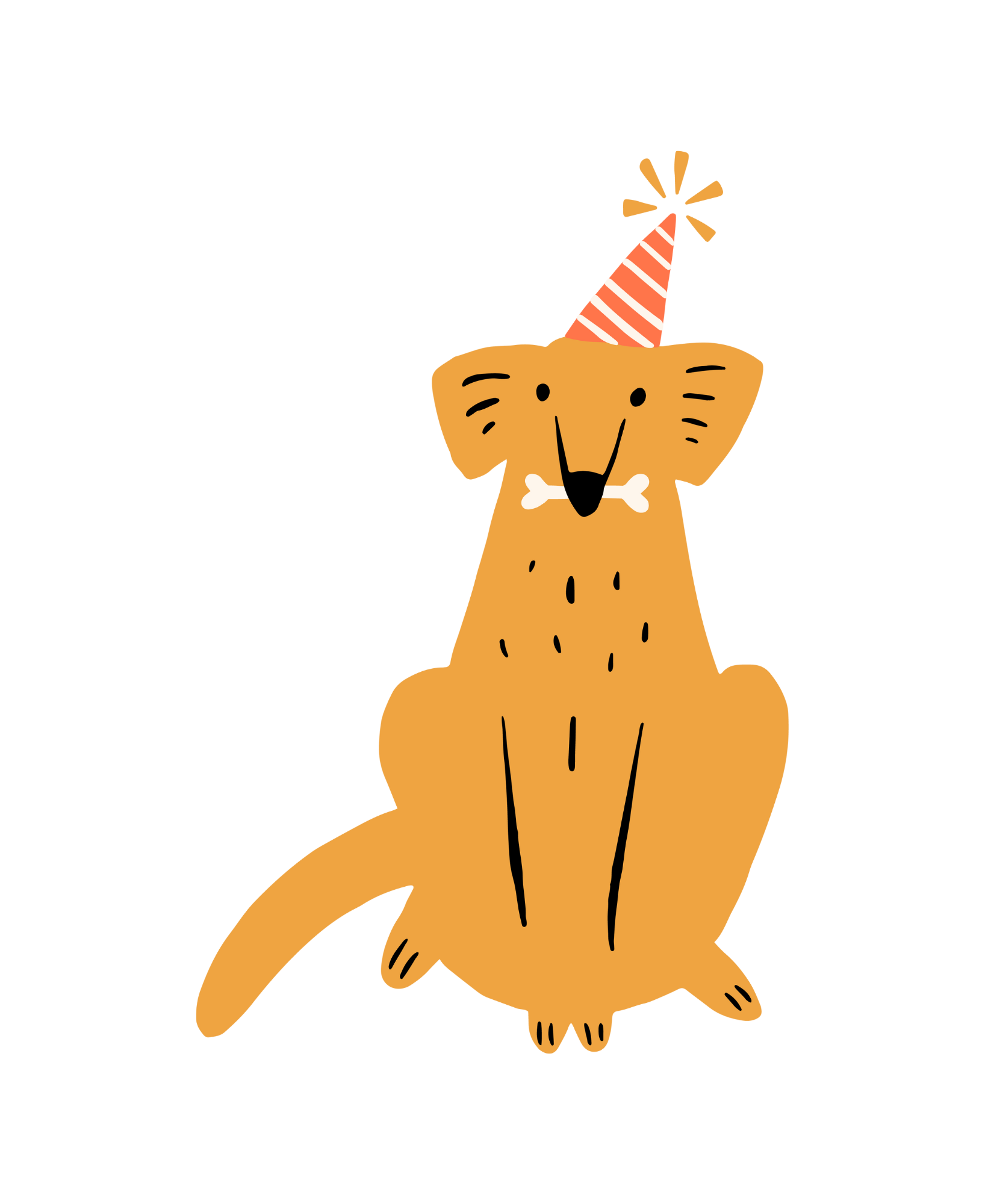 An illustrated dog wearing a party hat