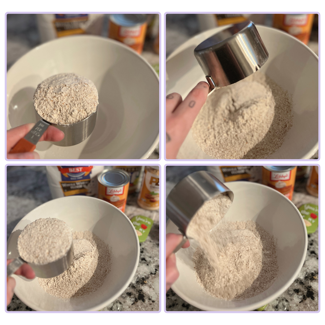 4 grid image showing flour in a measuring cup being dumped into a bowl