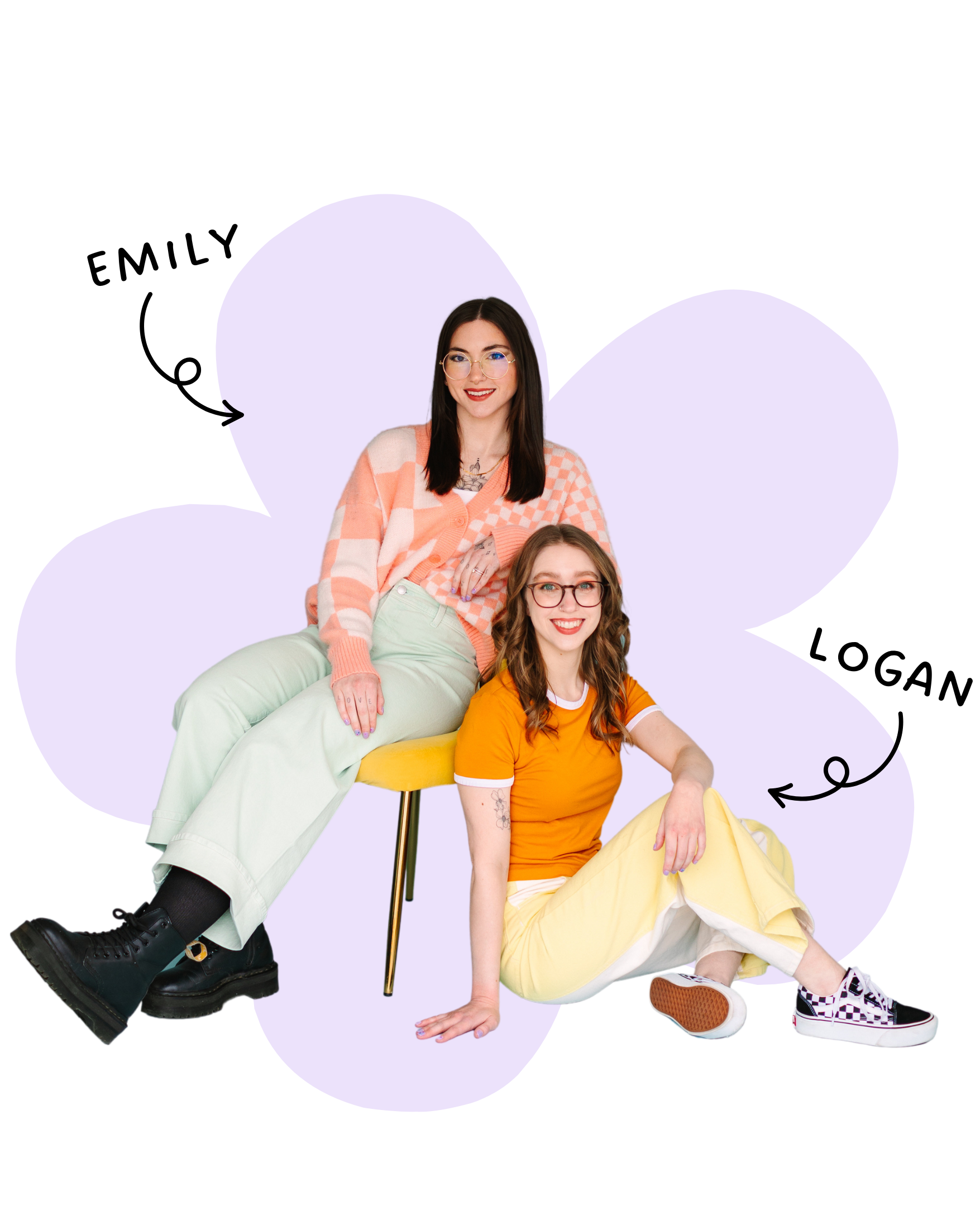 A cut-out style picture of Emily and Logan in front of a purple flower shape background.