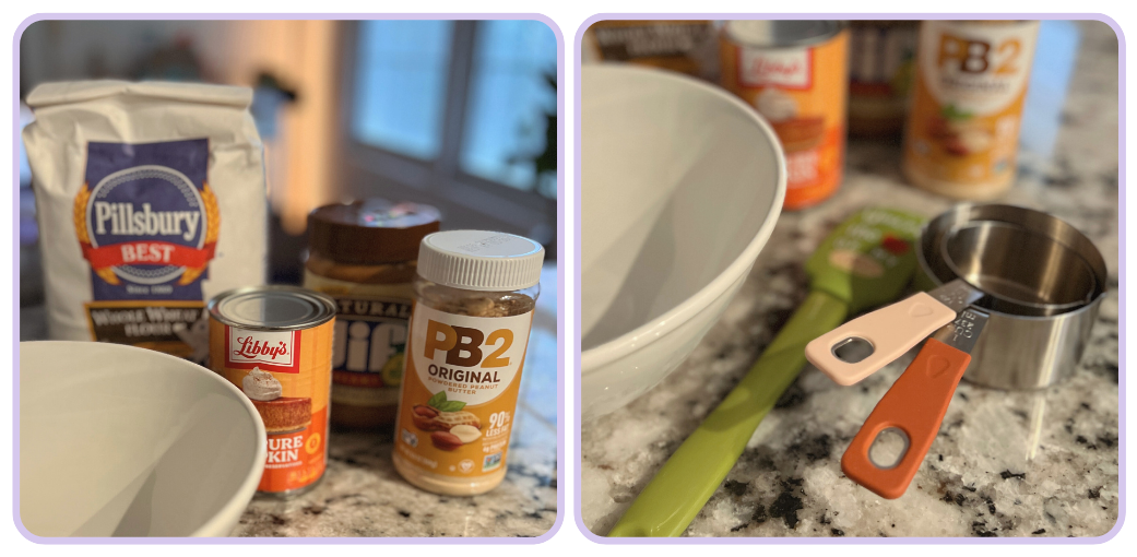 image collage showing a large white bowl, pillsbury best bag of whole wheat flour, libby's can of pure pumpkin, PB2 powdered peanut butter, jar of natural JIF peanut butter, green rubber spatula, and a 1/2 cup and 1 cup measuring cups