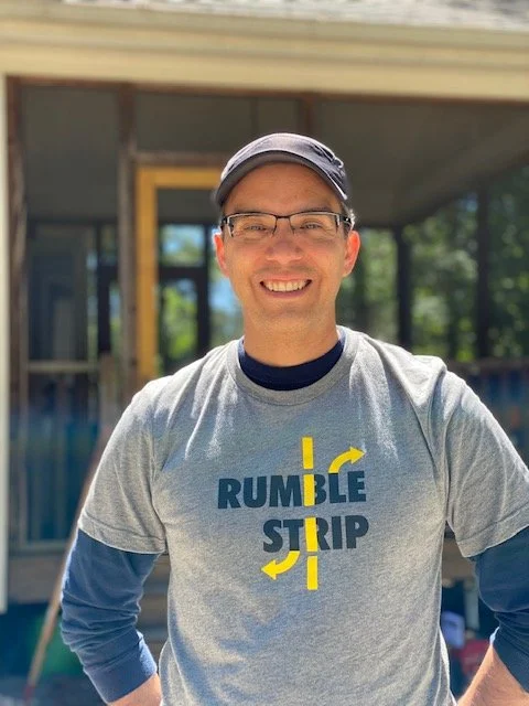 Man wearing Rumble Strip t-shirt