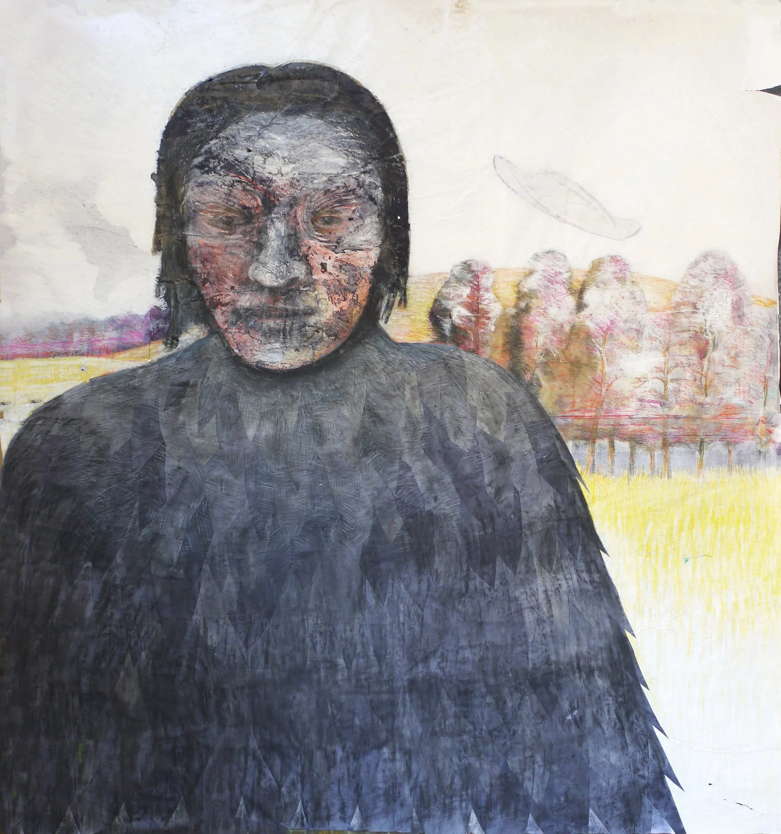 Lakundria 1. 2024 (w:1.38 x h:1.50). Water colour, oil pastel, crayon and pencil on paper.