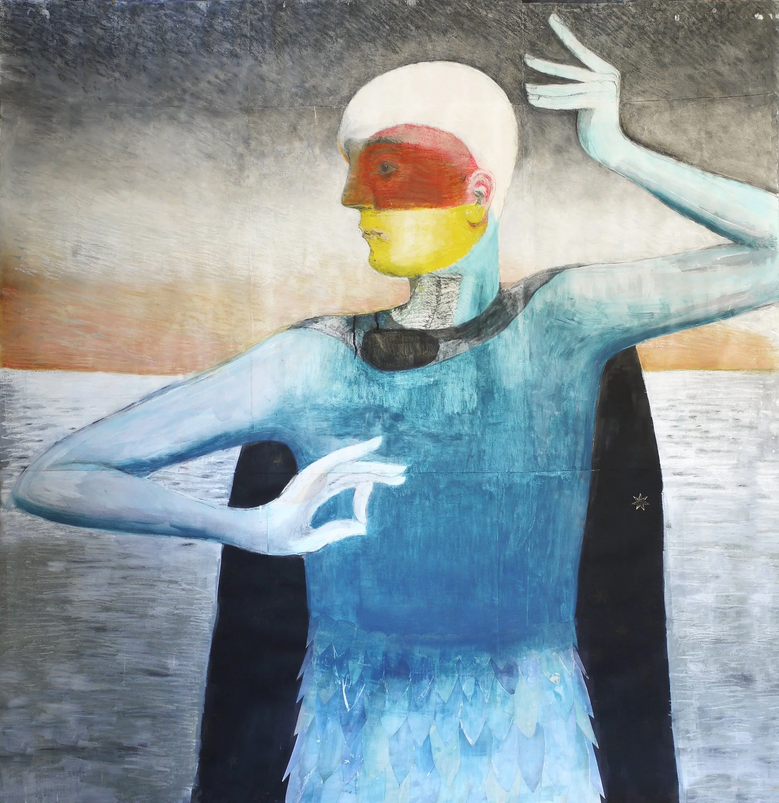 Passionate Starman 2. 2024 (w:1.62 x h:1.68). Water colour, oil pastel, crayon and pencil on paper.