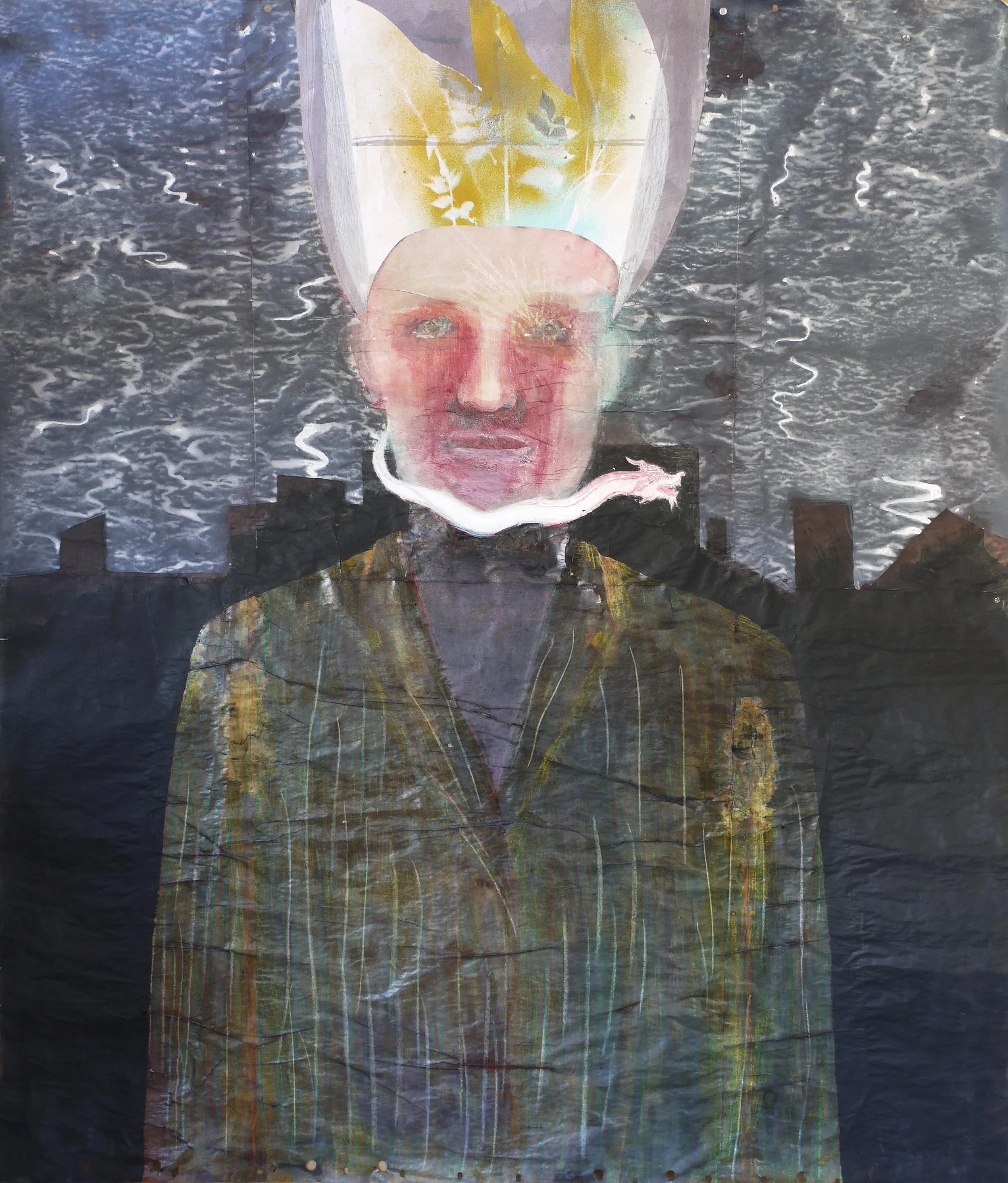 Passionate Starman 3. 2025 (w:1.39 x h:1.62). Water colour, oil pastel, crayon and pencil on paper.