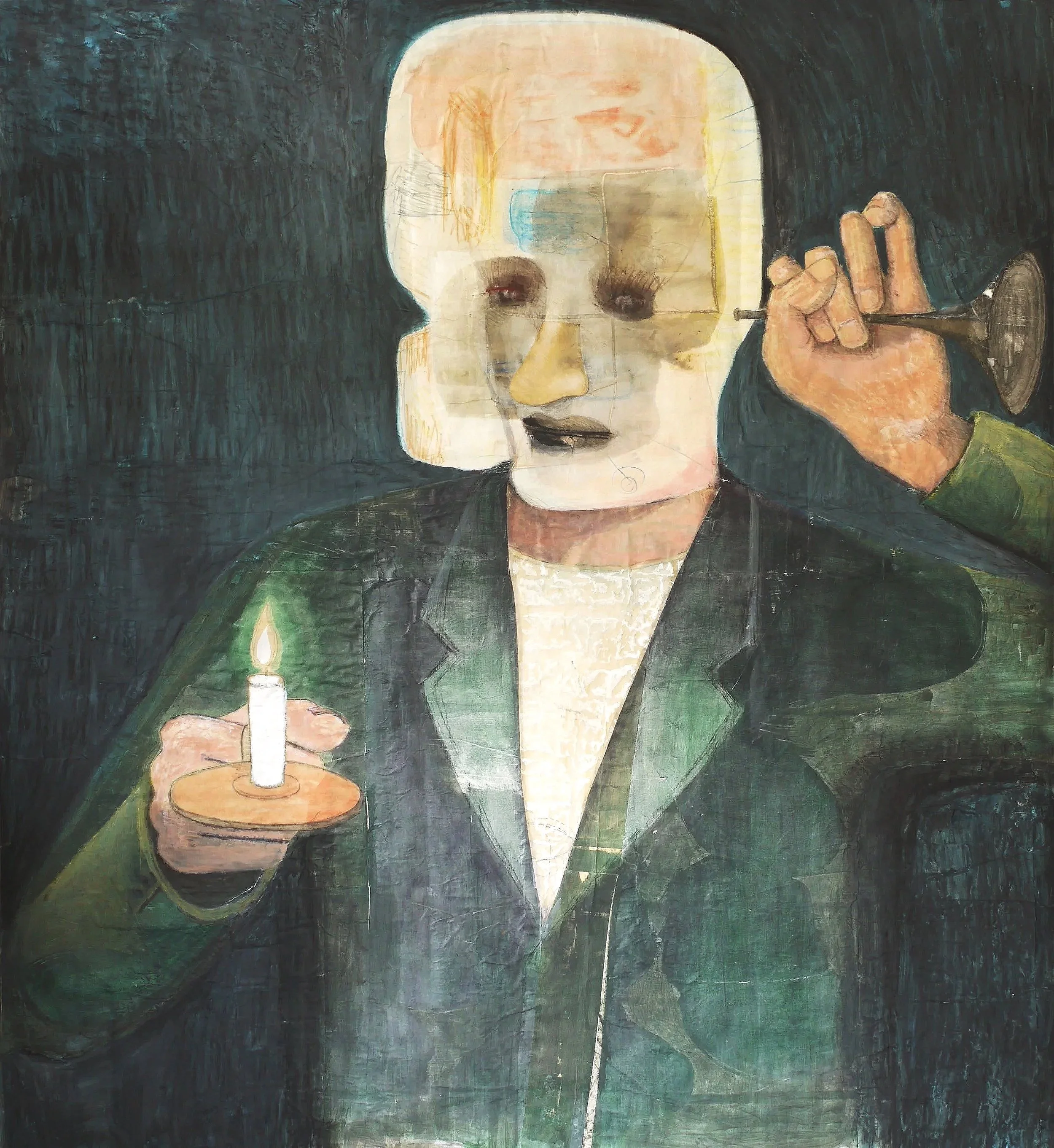 Morris The Invisible Friend. 2023 (w:1.41 x h:1.52). Water colour, oil pastel, crayon and pencil on paper.