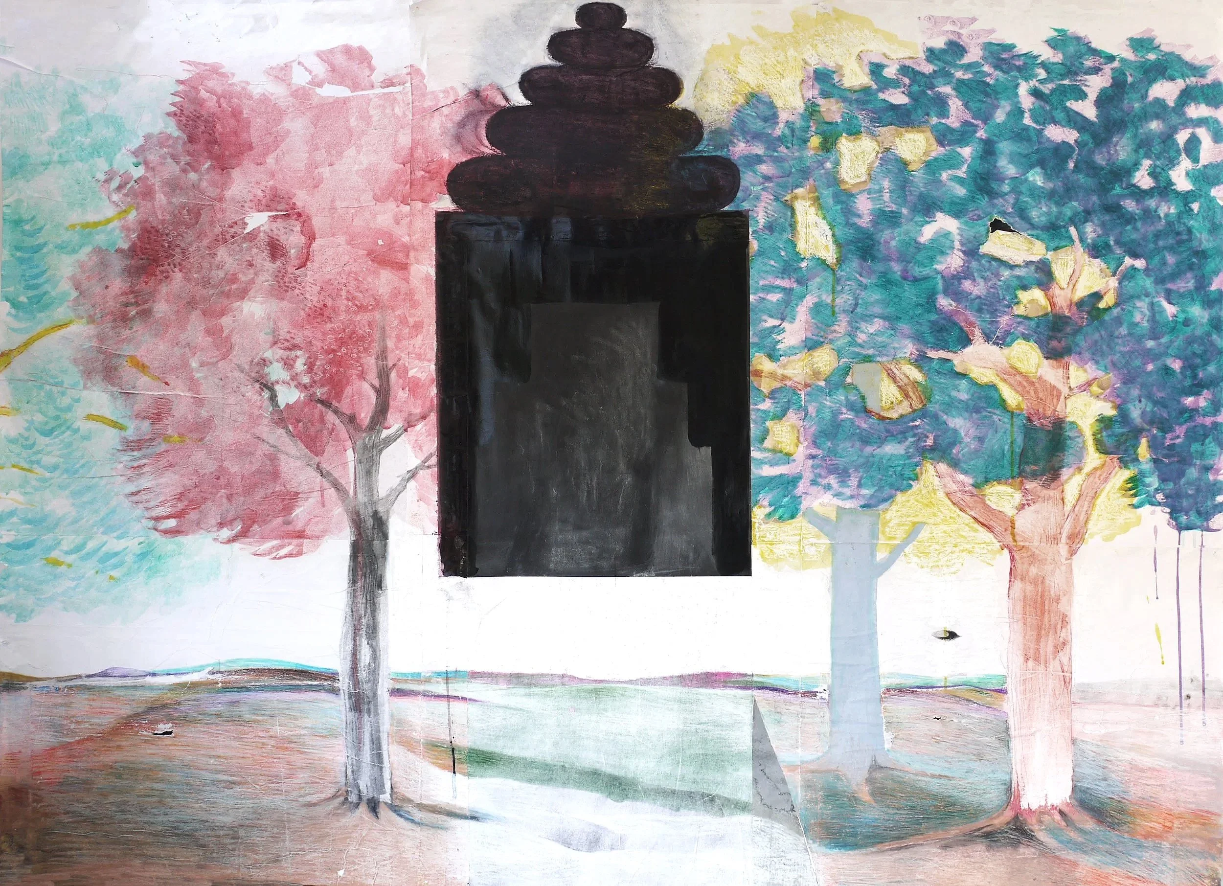 The Garden. 2026 (w:1.71 x h:1.25). Water colour, oil pastel, crayon and pencil on paper.