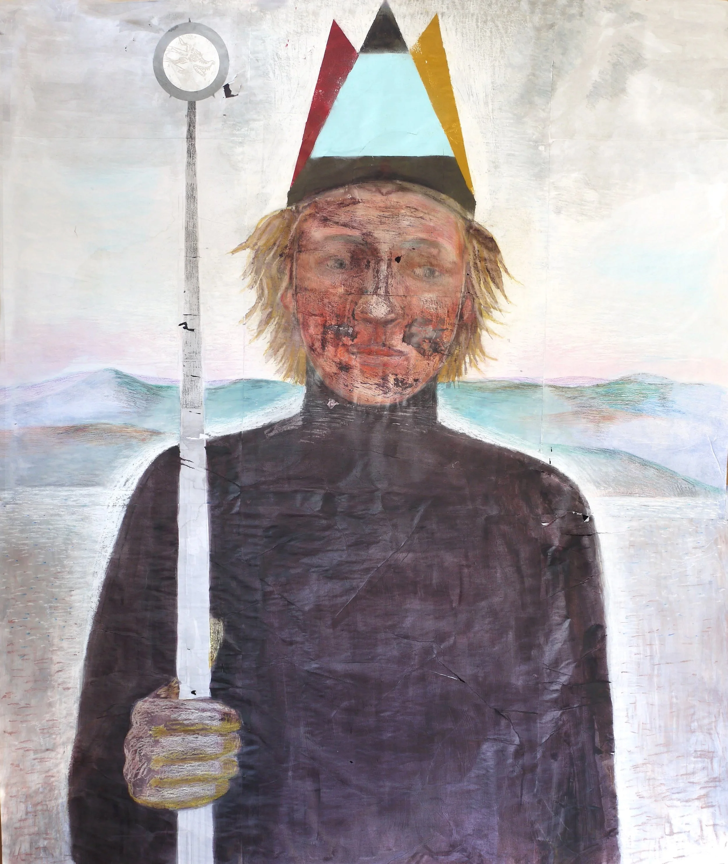 Passionate Star Man 5. 2025 (w:1.42 x h:1.70). Water colour, oil pastel, crayon and pencil on paper.