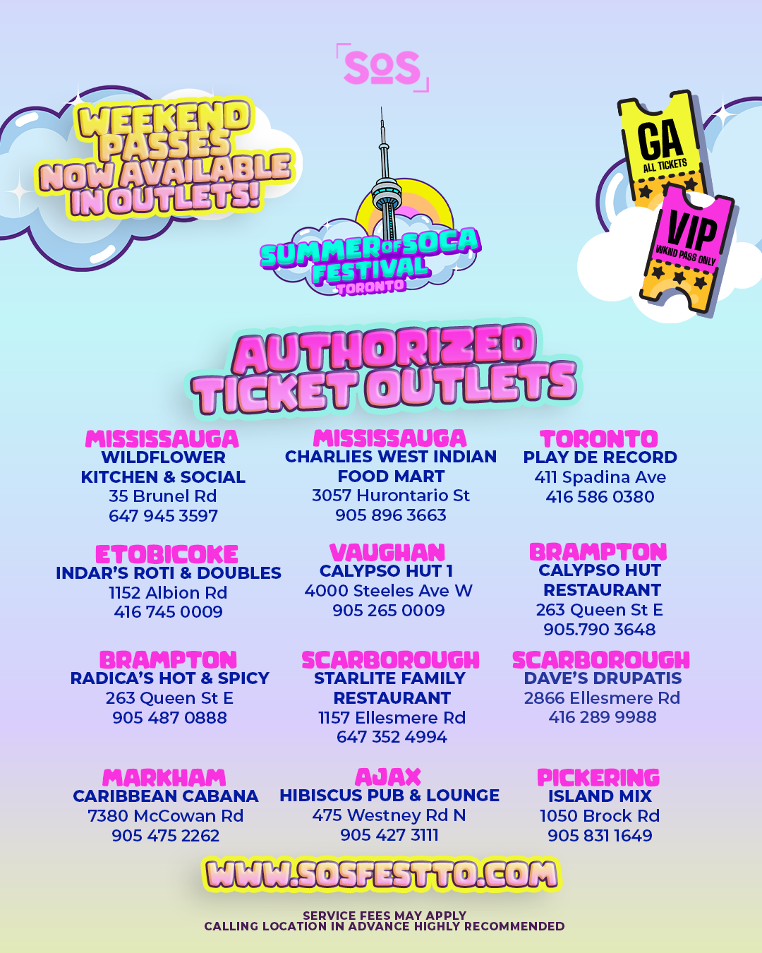 A festival promotional poster for the Summer of Soga Festival in Toronto, featuring authorized ticket outlets, outlet locations, and contact information for various cities.