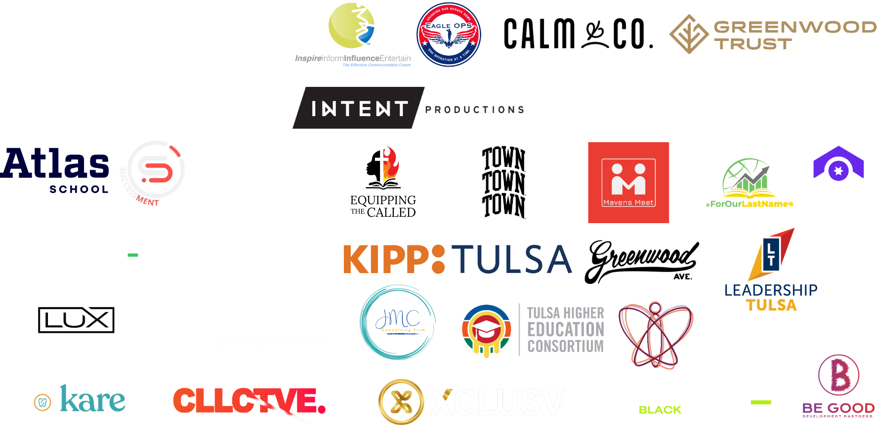 A collage of various logos for organizations, events, and initiatives in Tulsa, Oklahoma, including talent, education, business, and community organizations.