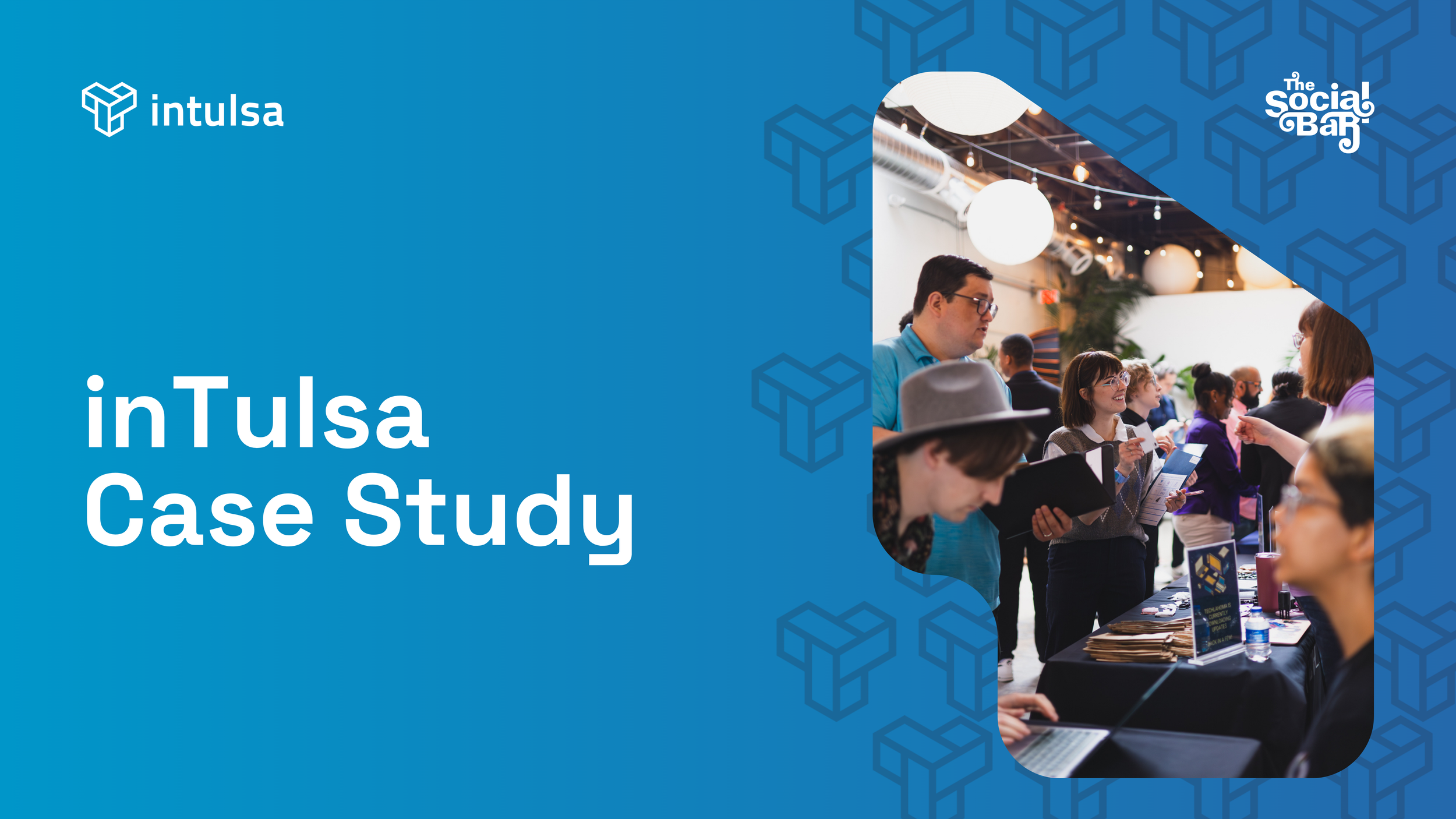 Cover slide for an 'inTulsa Case Study' presentation featuring a photo of people at a conference or expo event, engaging at a booth with promotional materials, indoors with hanging lights and decorations.