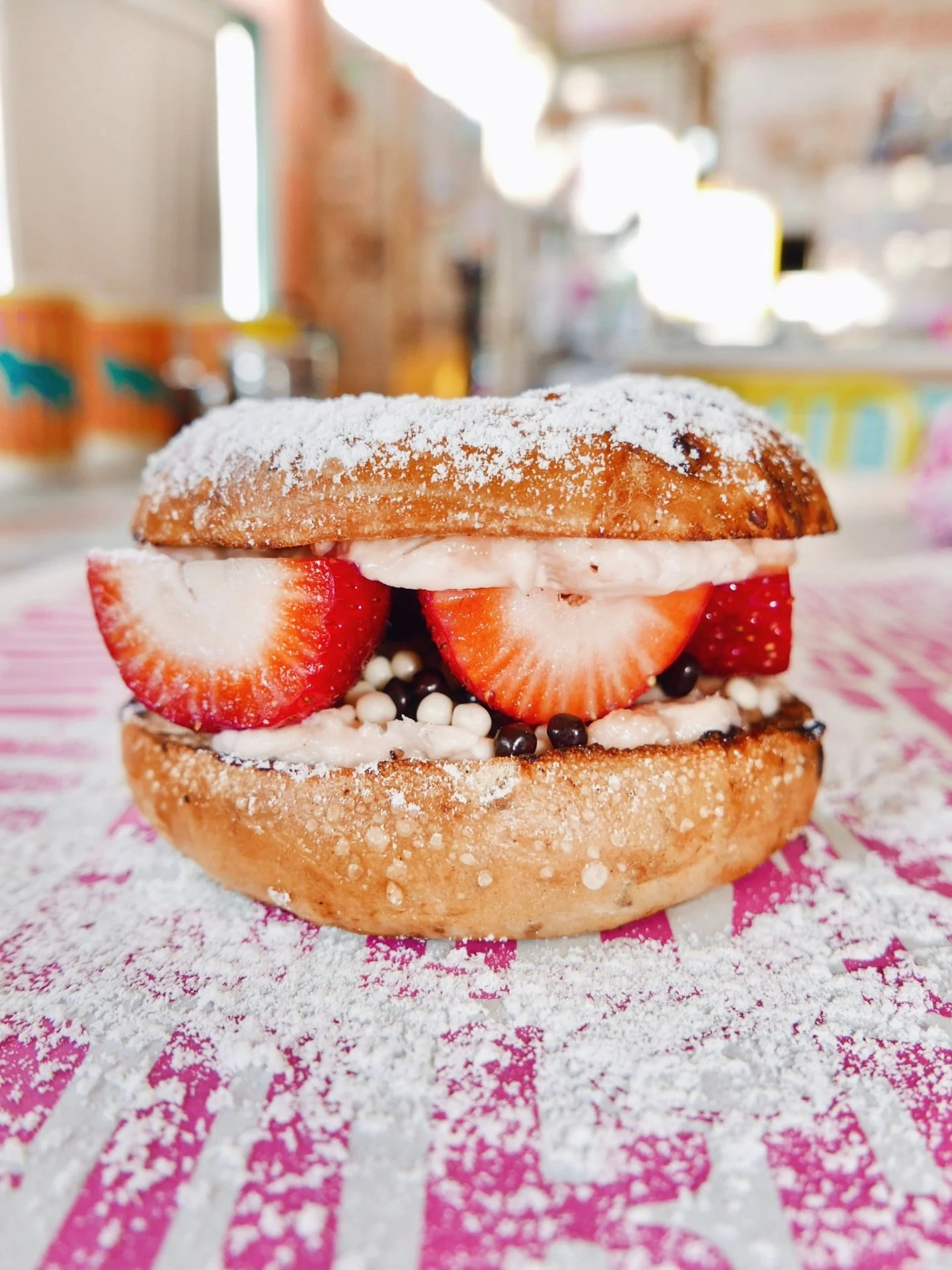 These Valentine&rsquo;s Day &egrave;specials may be toOo0o #freaky. Strawbae sangwich: chocolate chip 🥯, 🍓 swirl cream cheese, fresh strawbs, + crispy B&amp;W pearls. Dusted w/ ❄️ sugar. aaand Cherry B&amp;W lattes! aaaaand chocolate chip bagels w/