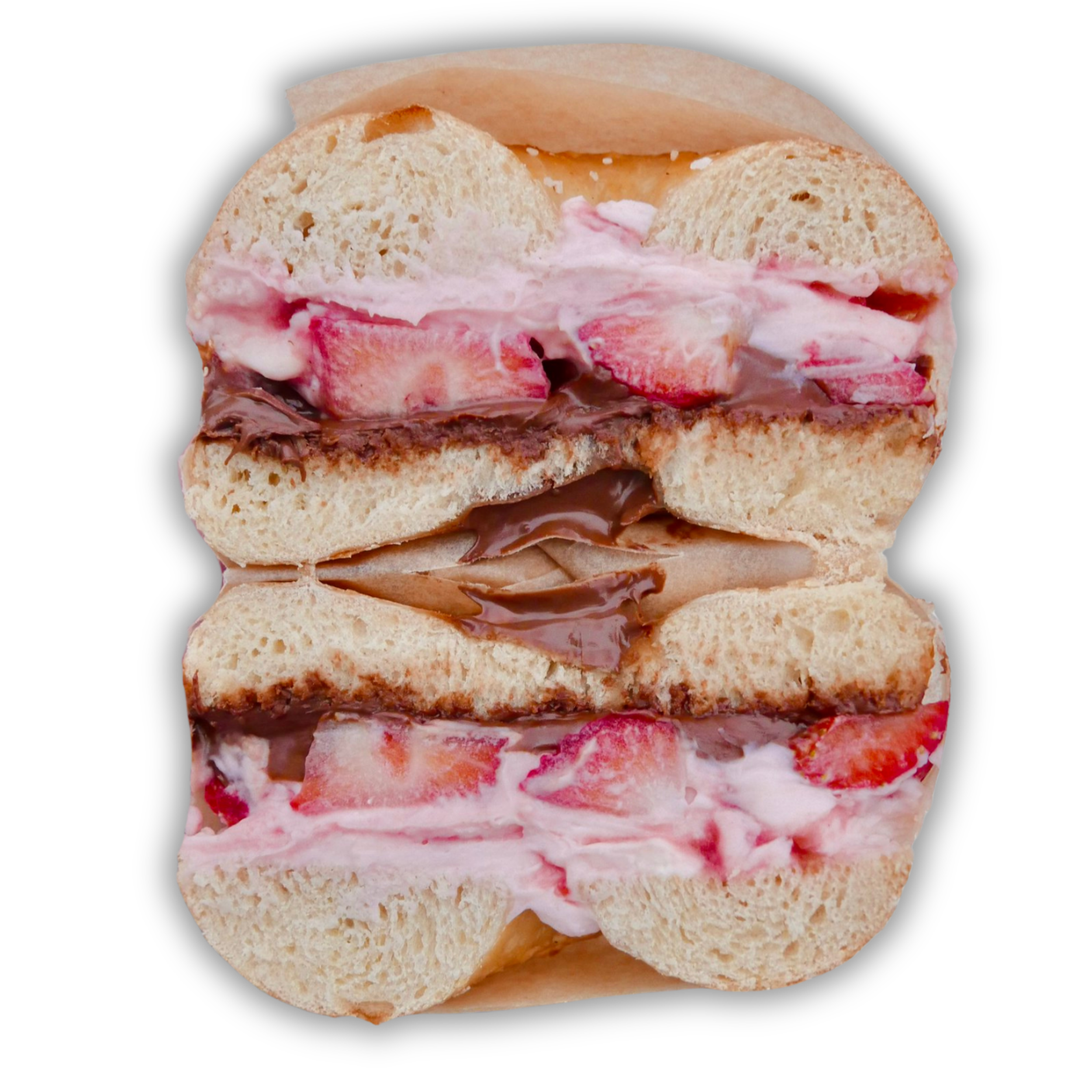 Strawberry swirl cream cheese, Nutella®, fresh strawberries, on toasted Pretzel Bagel.