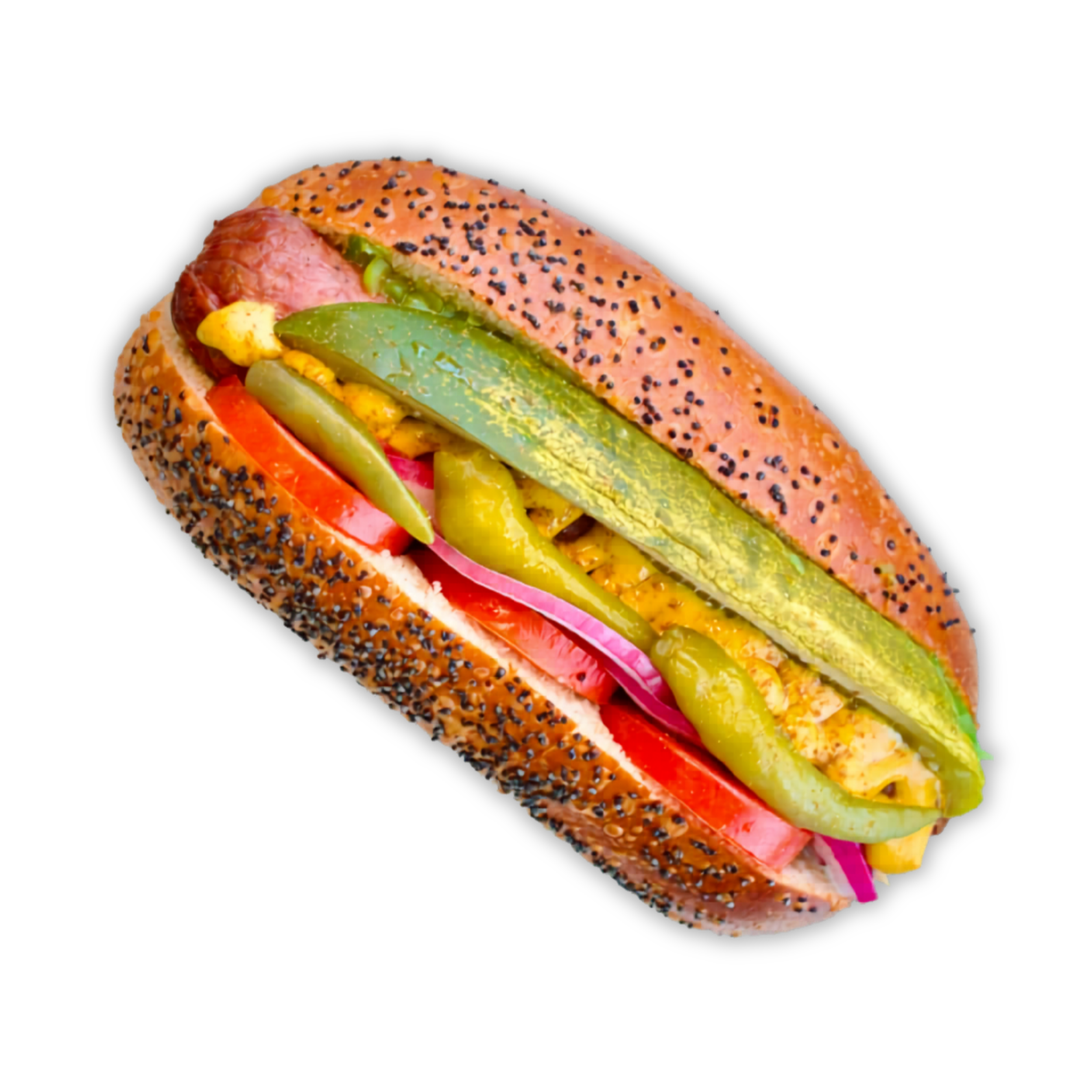Hot Diggity Chicago Dog: All beef hotdog with yellow mustard, tomato, red onion, sweet relish, pickle spear, sport pepper and celery salt on a poppy seed Hawaiian Bagel Bun.