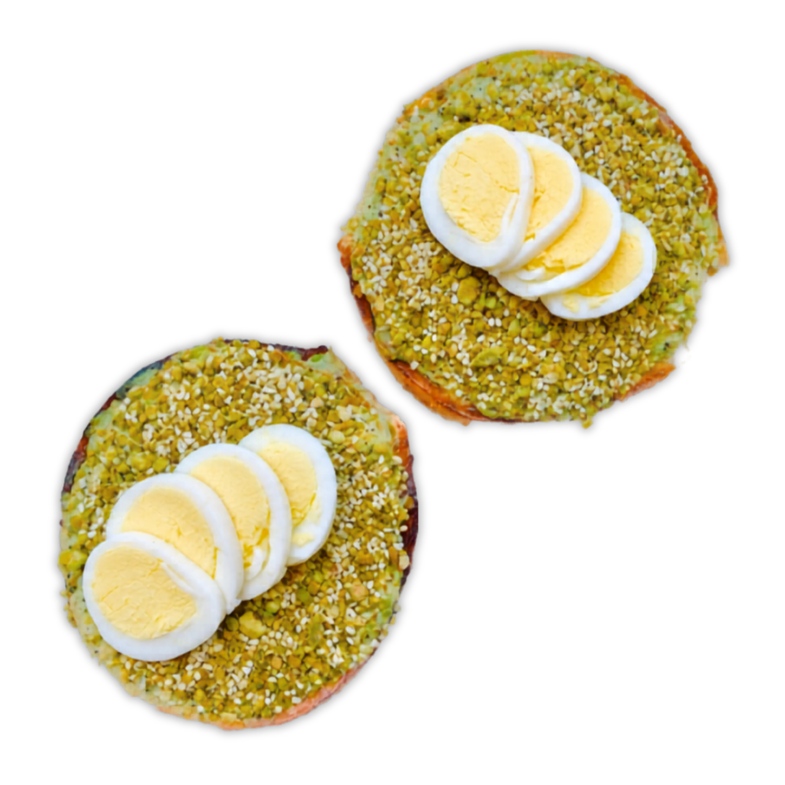 The Veranda: Open-faced. Mashed avocado, hard-boiled egg and pistachio everything crunch on Plain Bagel.