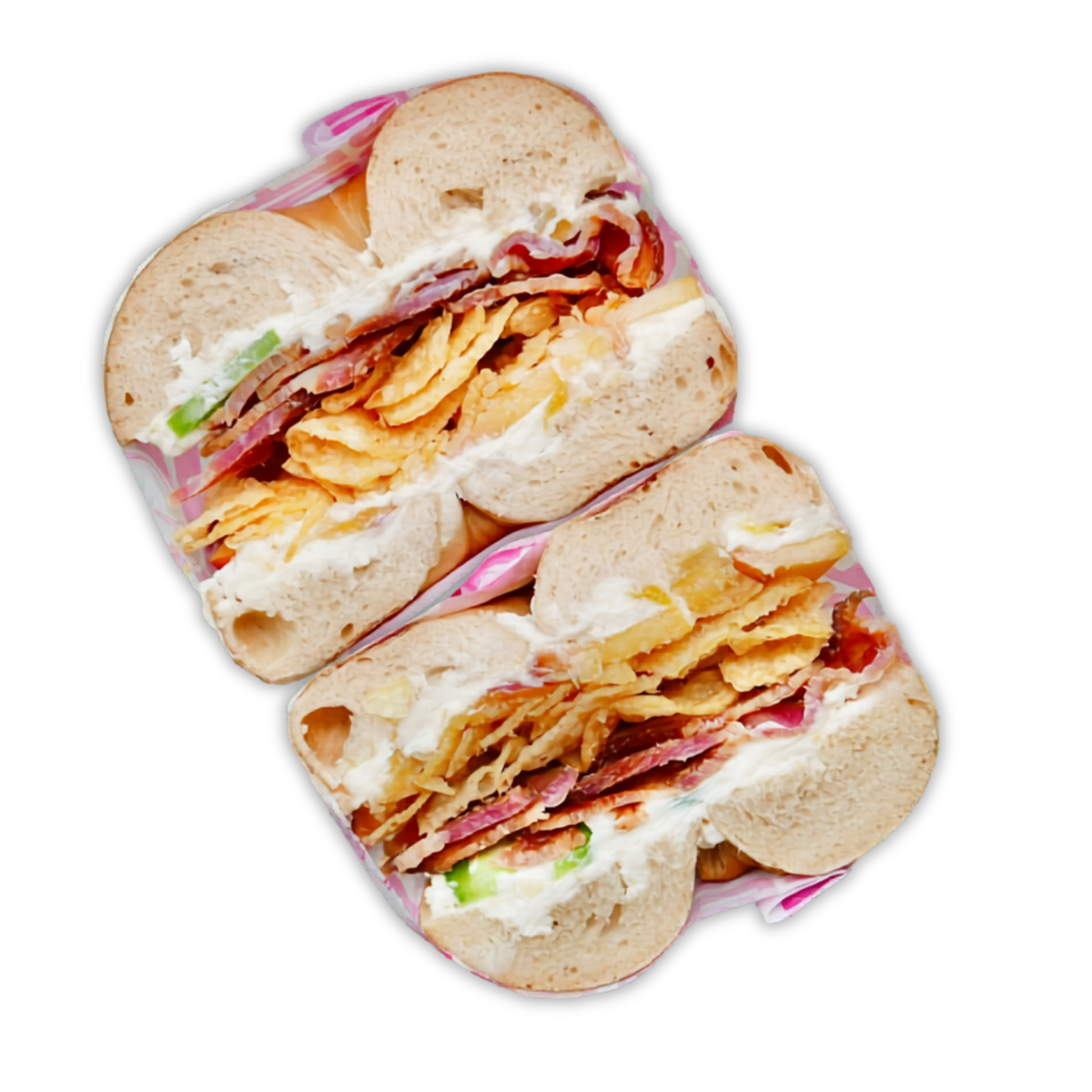 Delray Club: Bacon, jalepeño, nectarine, potato chips, and peach cream cheese on Plain Bagel.