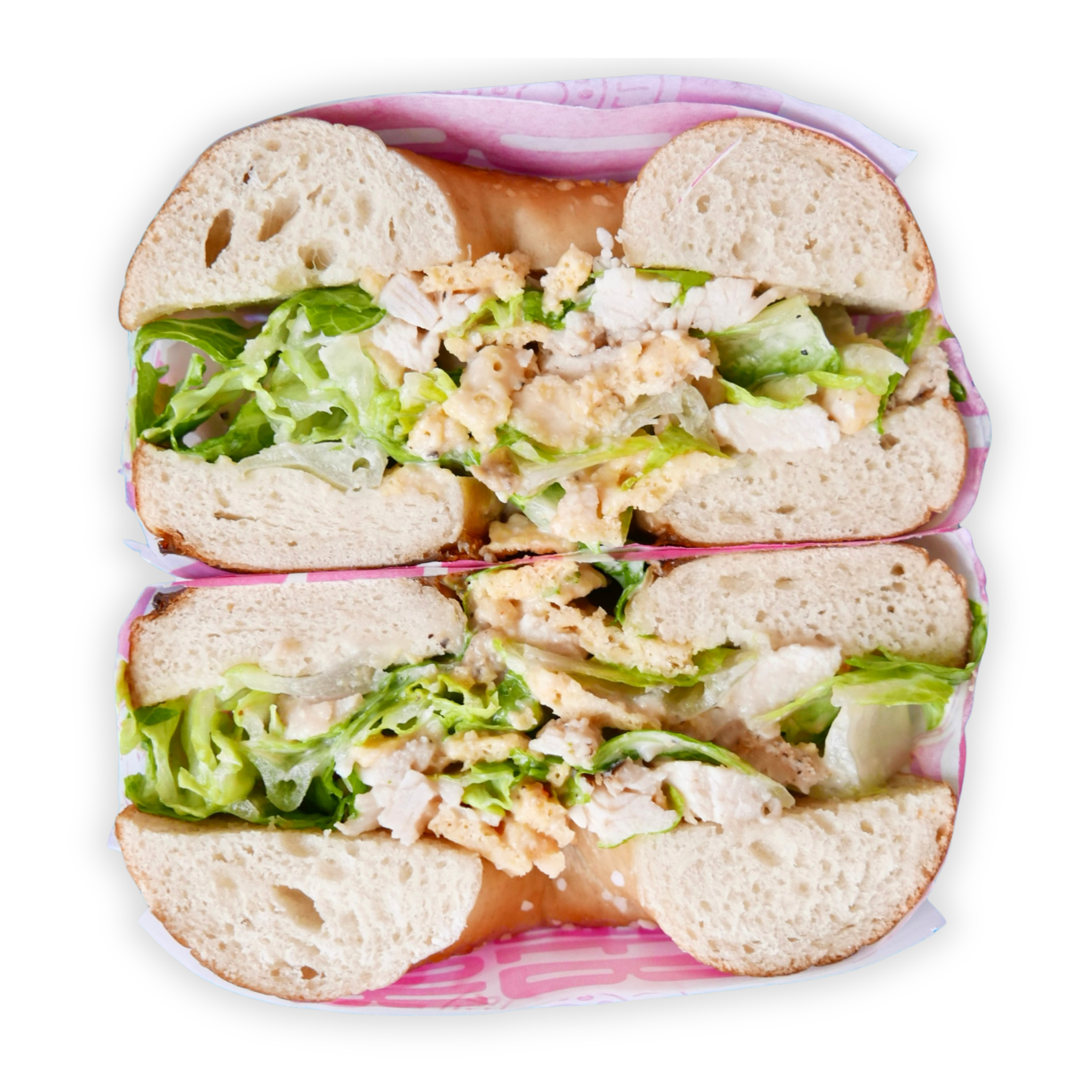 Don CesarGrilled chicken, Parmesan crisps, romaine lettuce & Caesar dressing on Pretzel Bagel.