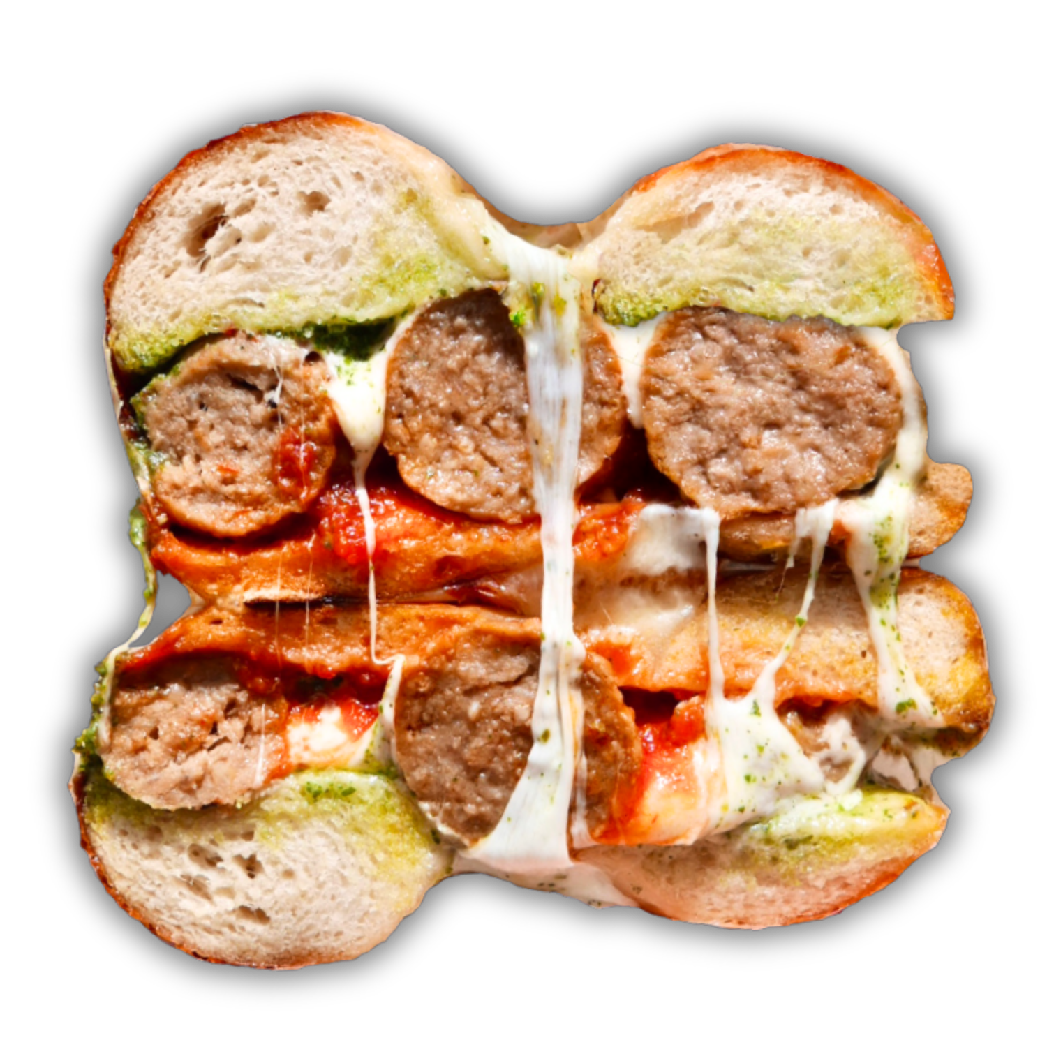 Meatball sub Bagel: Meatballs, fresh mozzarella, pesto, spicy honey marinara, MELTED on Cheesy Garlic Bread Bagel.