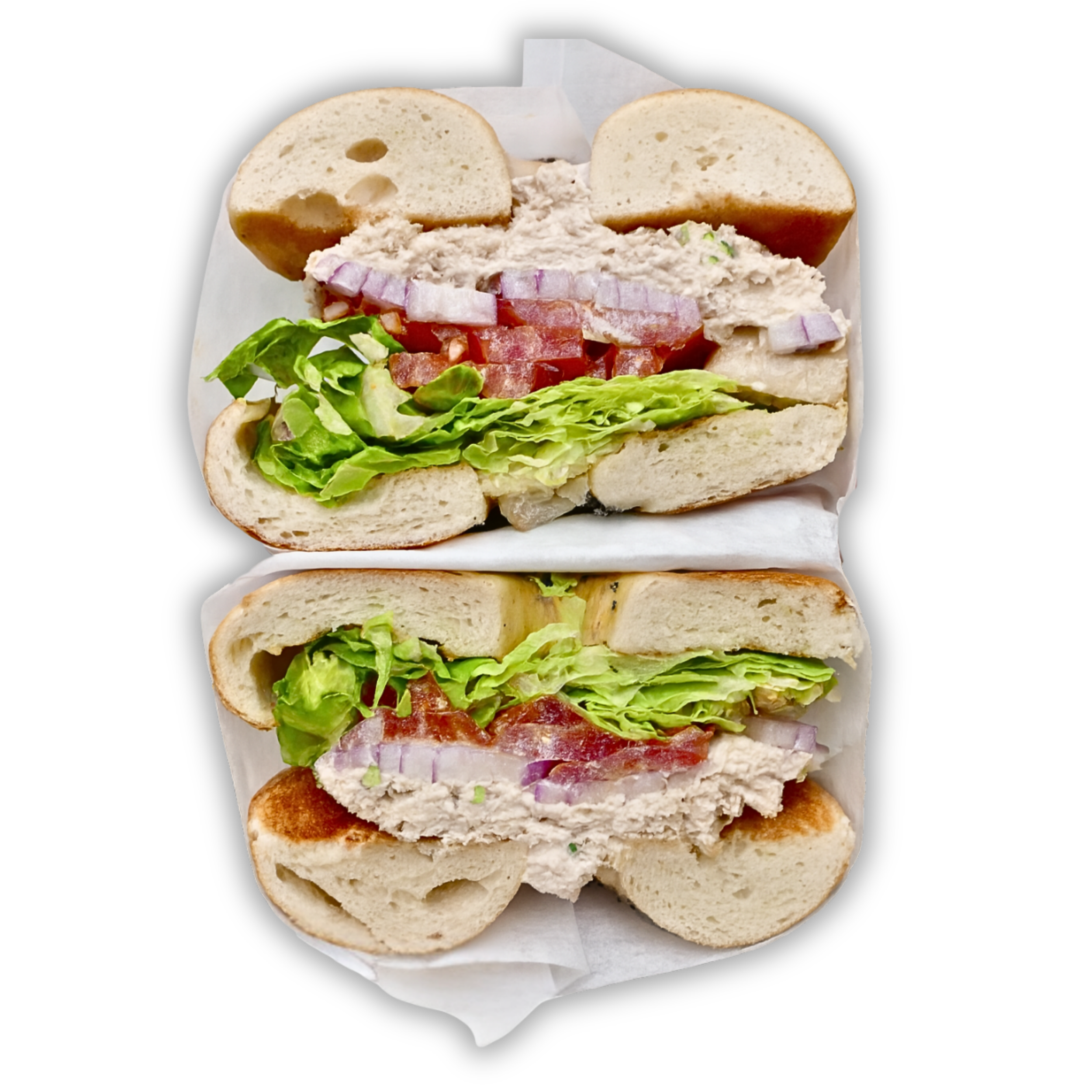 Tuna salad, lettuce, tomato, red onion, on a Plain Bagel.
