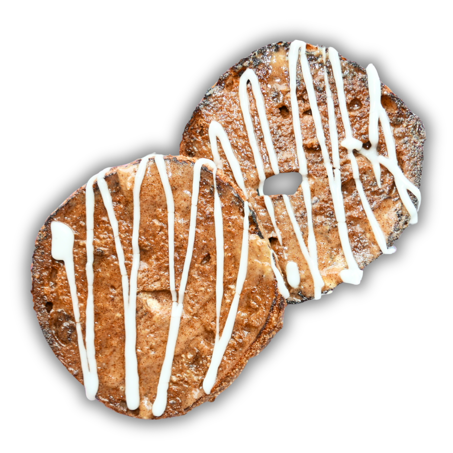 CINNAMON CRUNCH TOAST: Open-faced. French toast butter, cinnamon-sugar sprinkle, white glaze drizzle on Cinnamon Raisin Bagel.