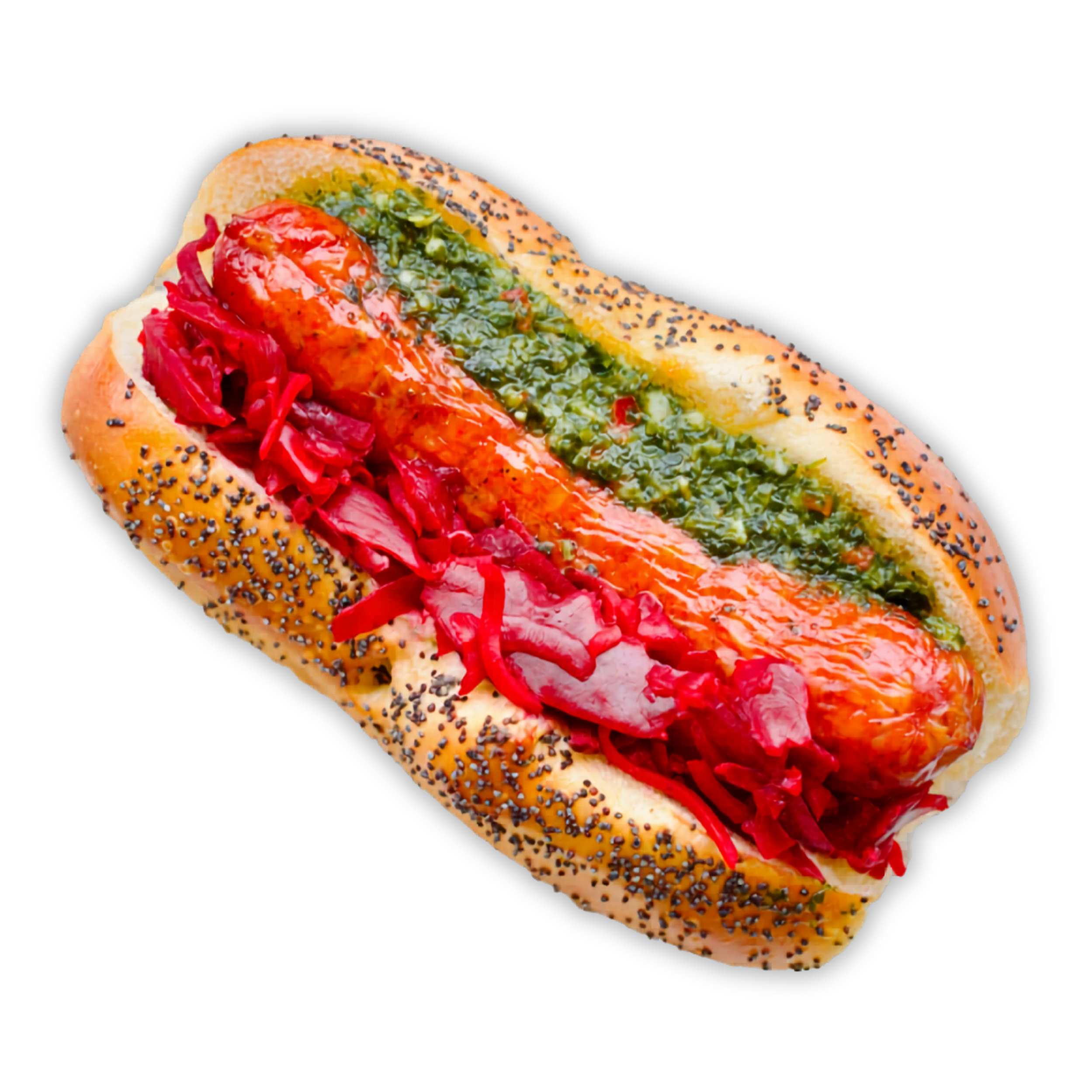 Alta Gracia Choripán: Argentine smoked chorizo with chimichurri and pickled veggies on a poppy seed Hawaiian Bagel Bun.