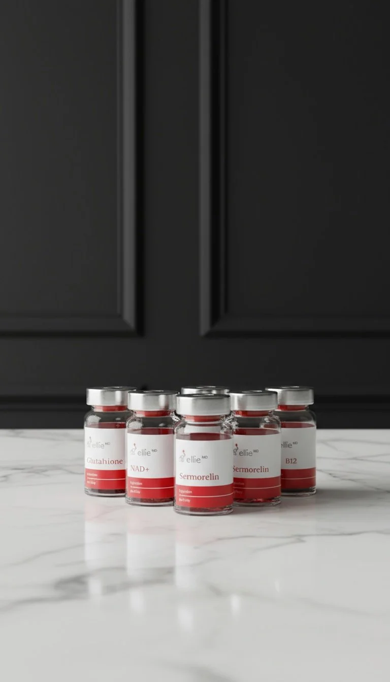 Six small glass vials with red and white labels, labeled 'Glutathione,' 'NAD+,' 'Sermorelin,' and 'B12,' are placed on a white marble surface in front of a black background.